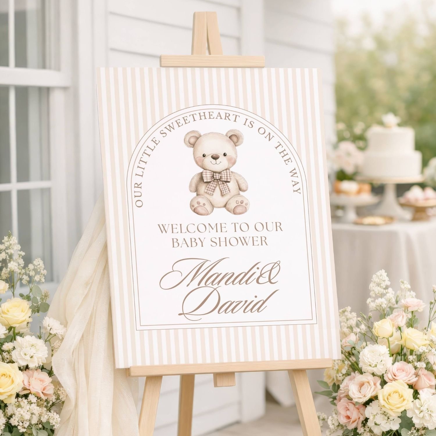 Cream Teddy Bear Baby Shower Welcome Sign-#83