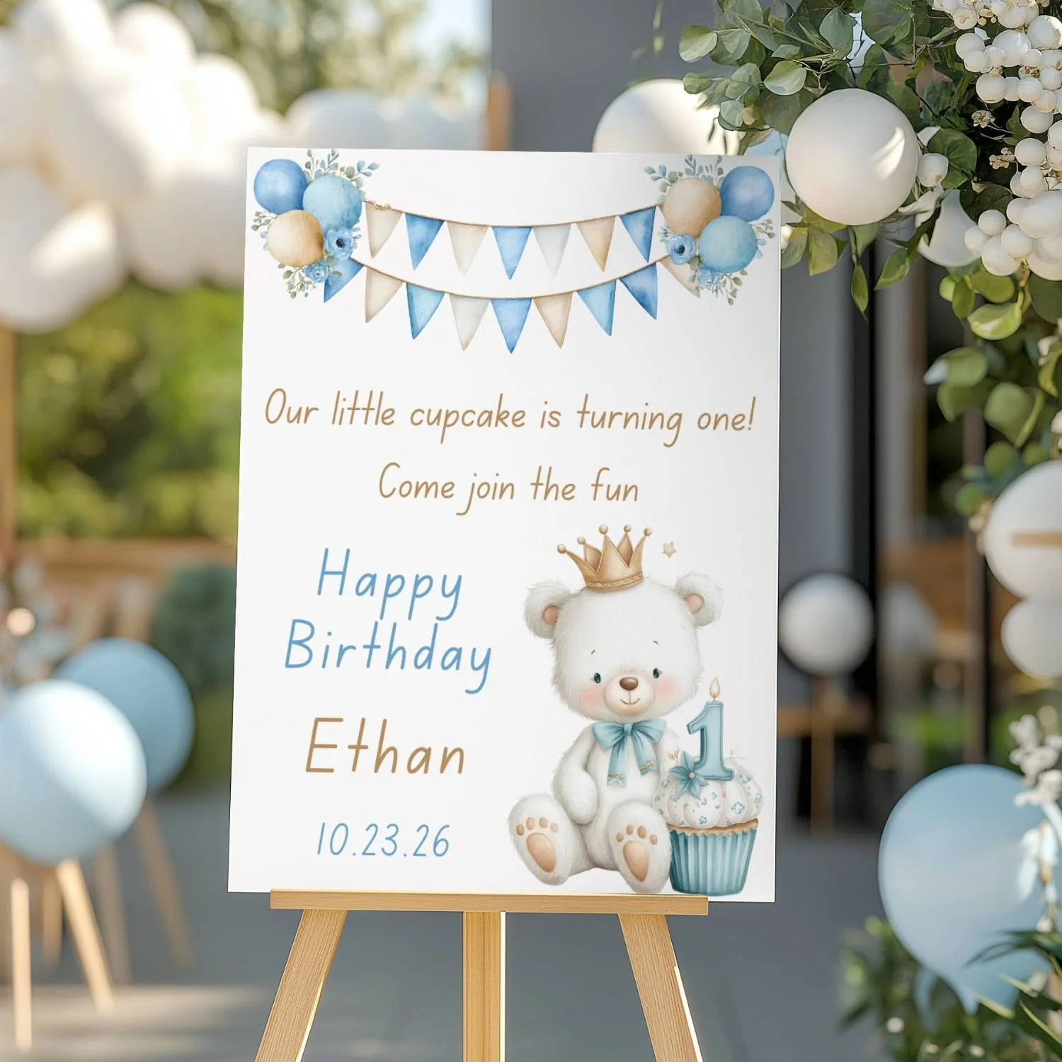 Boy's 1st Birthday Welcome Sign, Prince Teddy Bear Birthday Decor #27