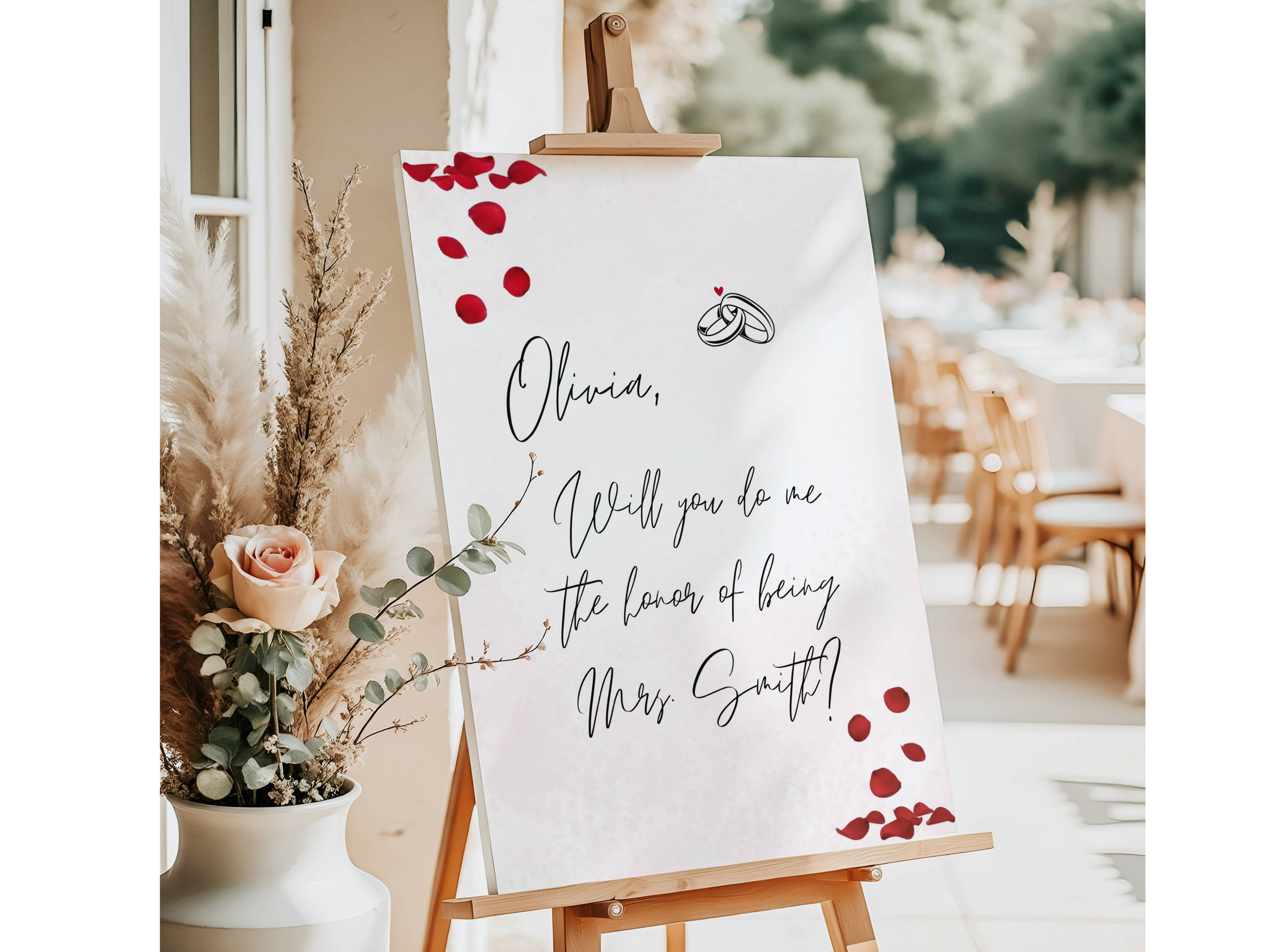 Red Rose Petals and Connecting Rings Marriage Proposal Sign, Engagement Decorations #12