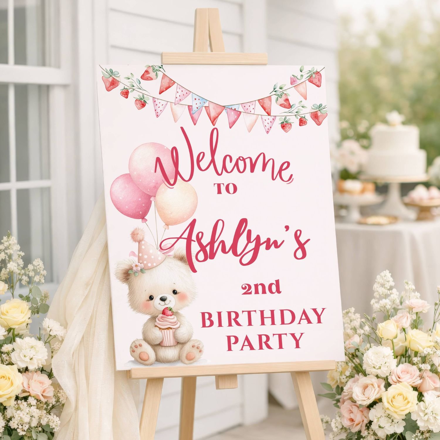Girl's Birthday Sign, Pink Strawberry Cupcake, Teddy Bear and Balloons Welcome Board  #7