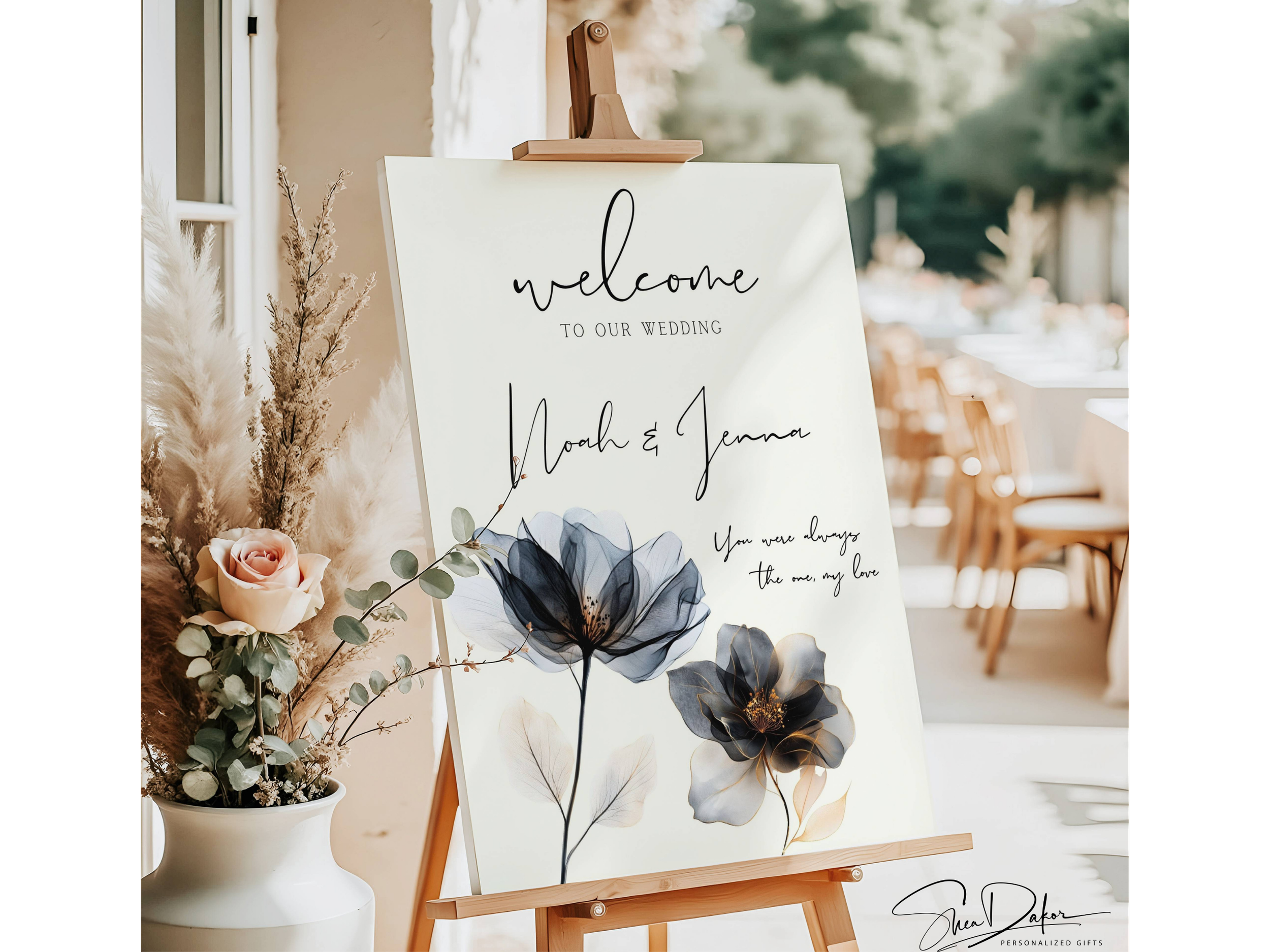 Custom Minimalist Ivory with Black and Gold Floral Wedding Welcome Sign, Printed or Digital #CV28