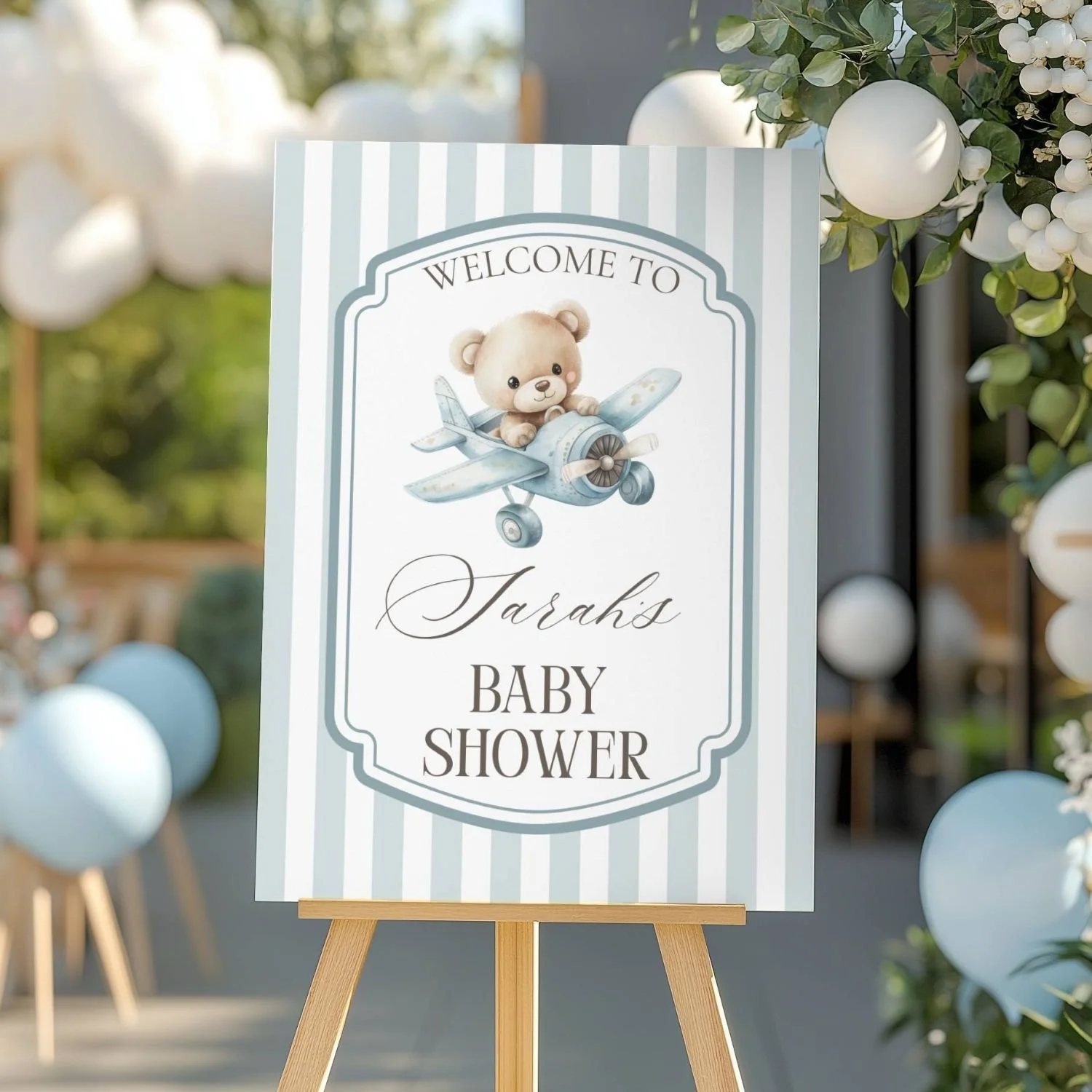 Airplane Teddy Bear Blue Striped Boy Baby Shower Welcome Sign-#121