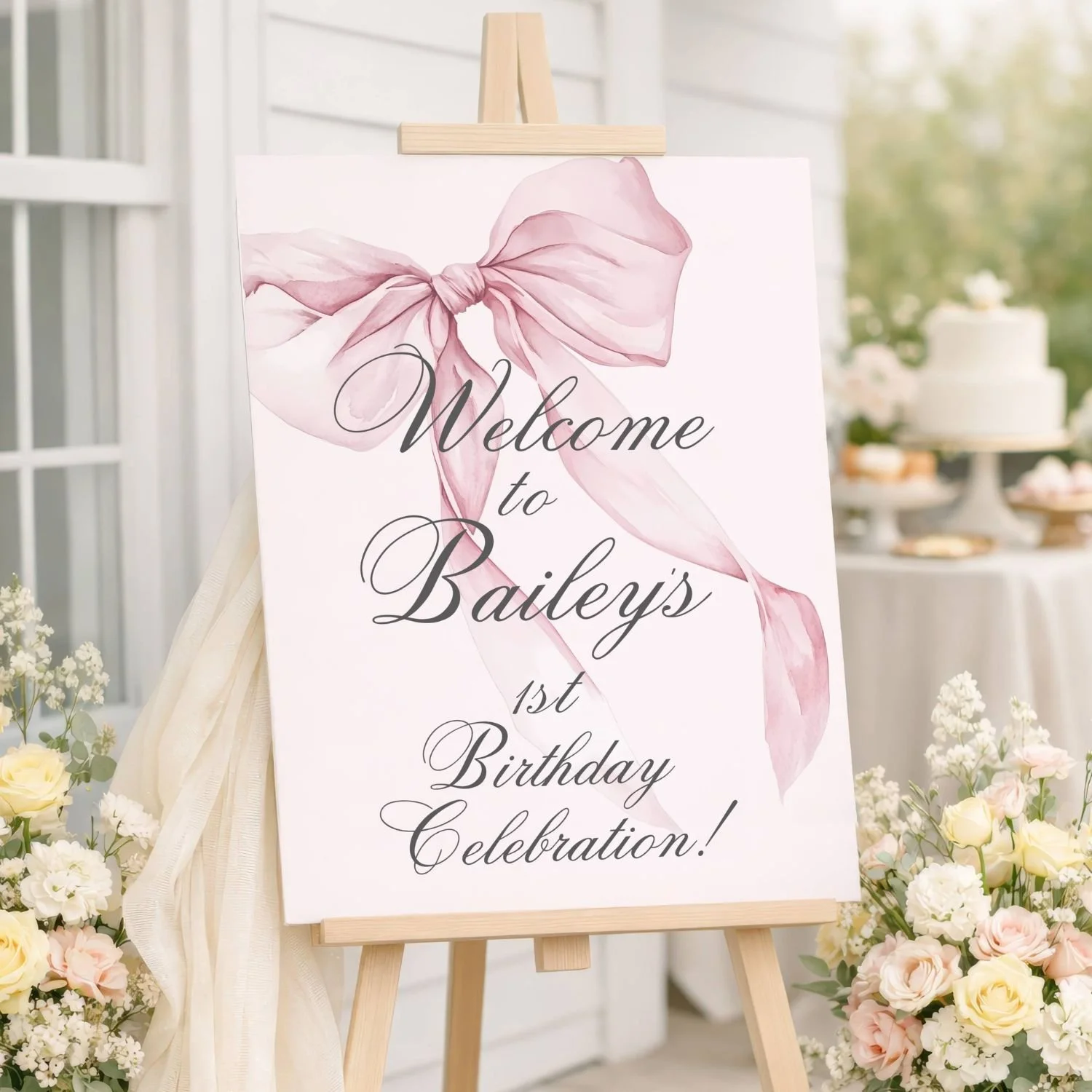 Pink Coquette Bow Birthday Welcome Sign, Girly Ribbon Party Poster #21