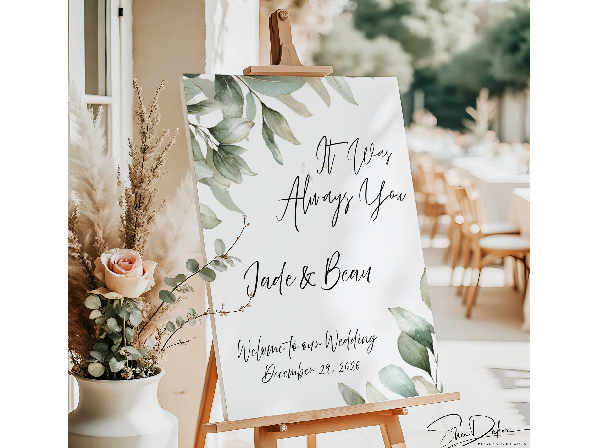 Green Floral Wedding Welcome Sign, Botanical Leaf Wedding Decor, It Was Always You Sign-#CV7