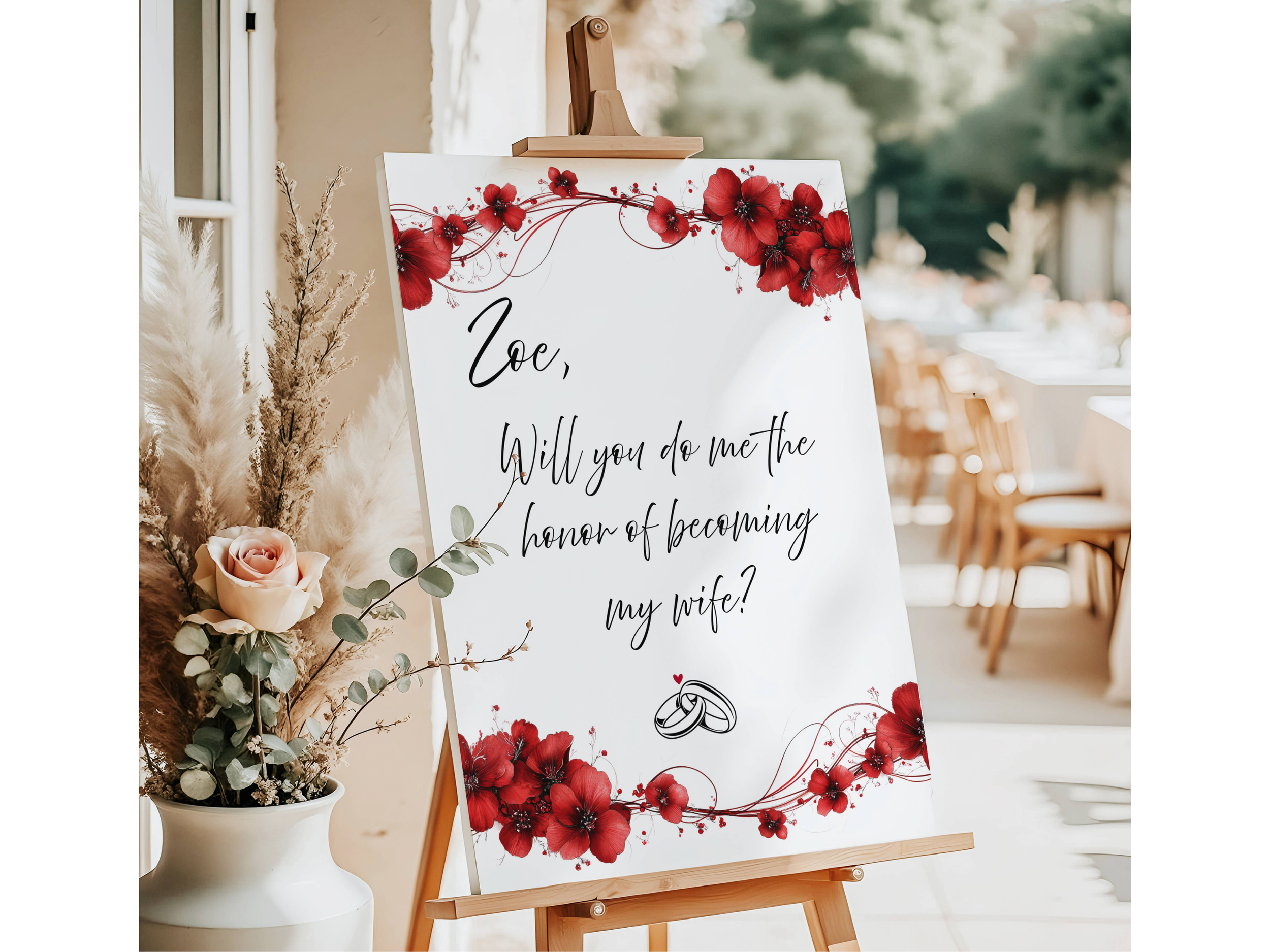 Red Floral Border Wedding Proposal Sign, Marry Me Backyard Engagement Decor Sign #7