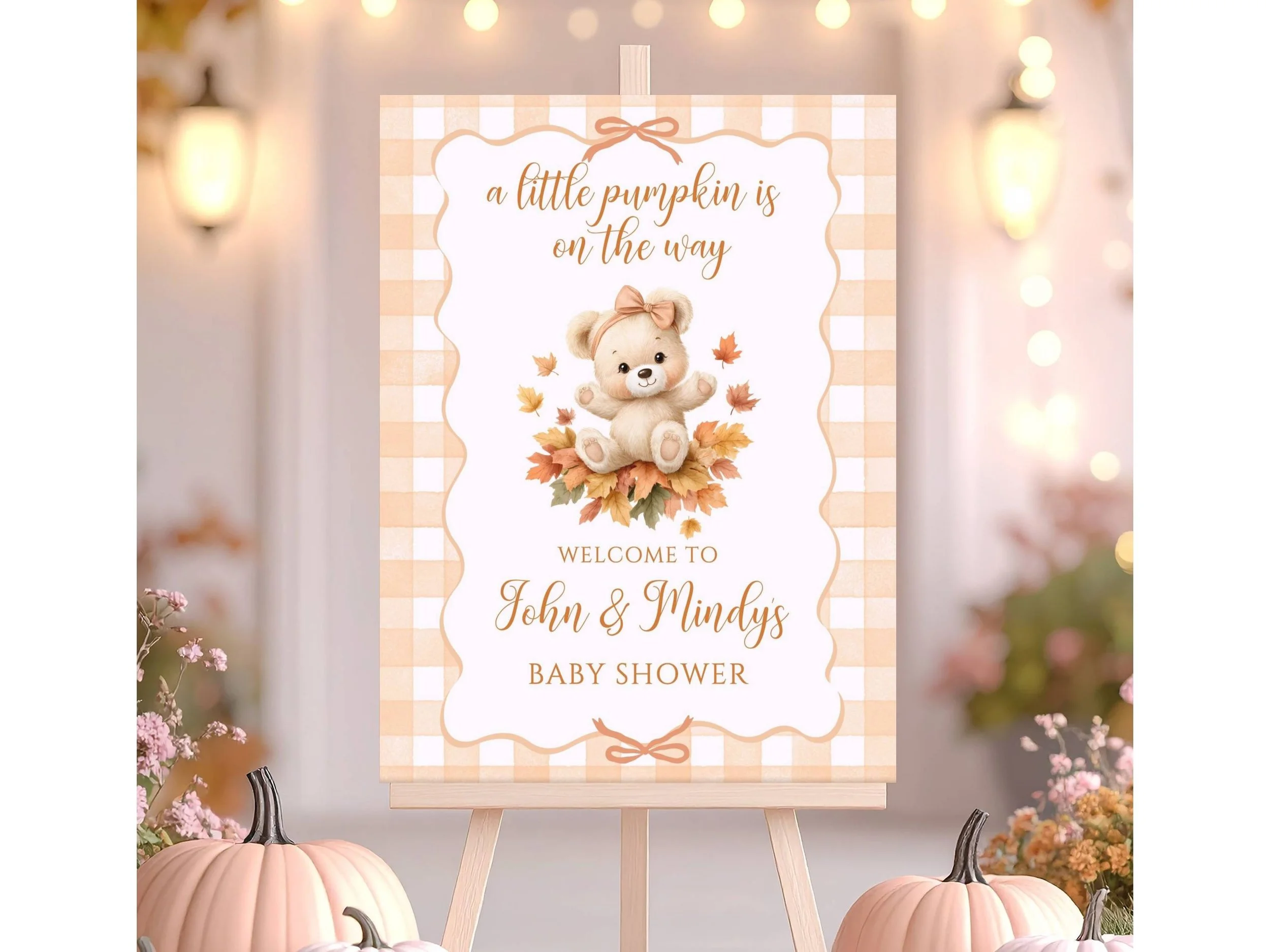 Little Pumpkin Baby Shower Welcome Sign for Girl, Fall Teddy Bear Autumn Theme F10