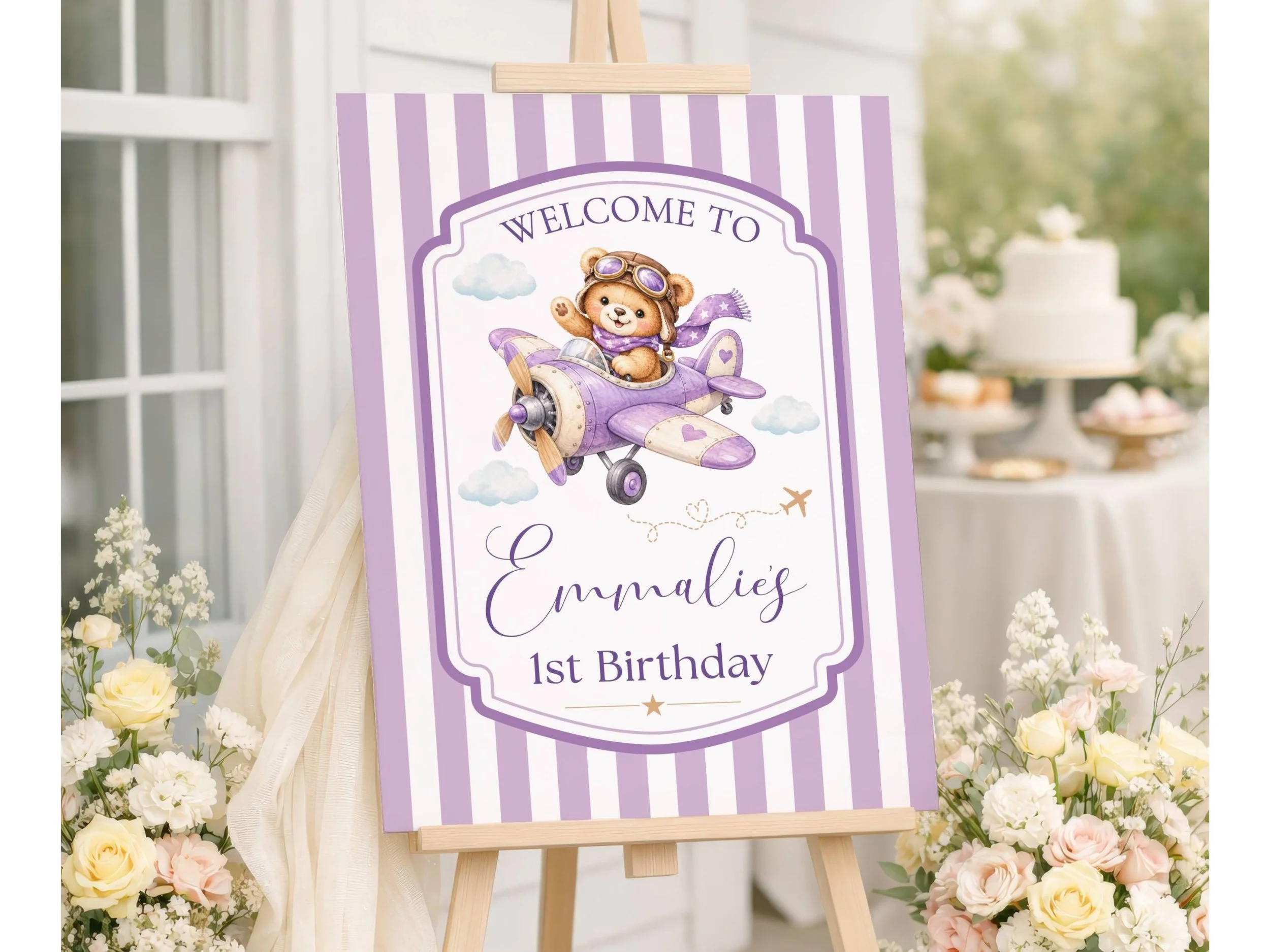 Girl Teddy Bear Aviator Pilot Birthday Welcome Sign, Purple Stripe Boarder 43