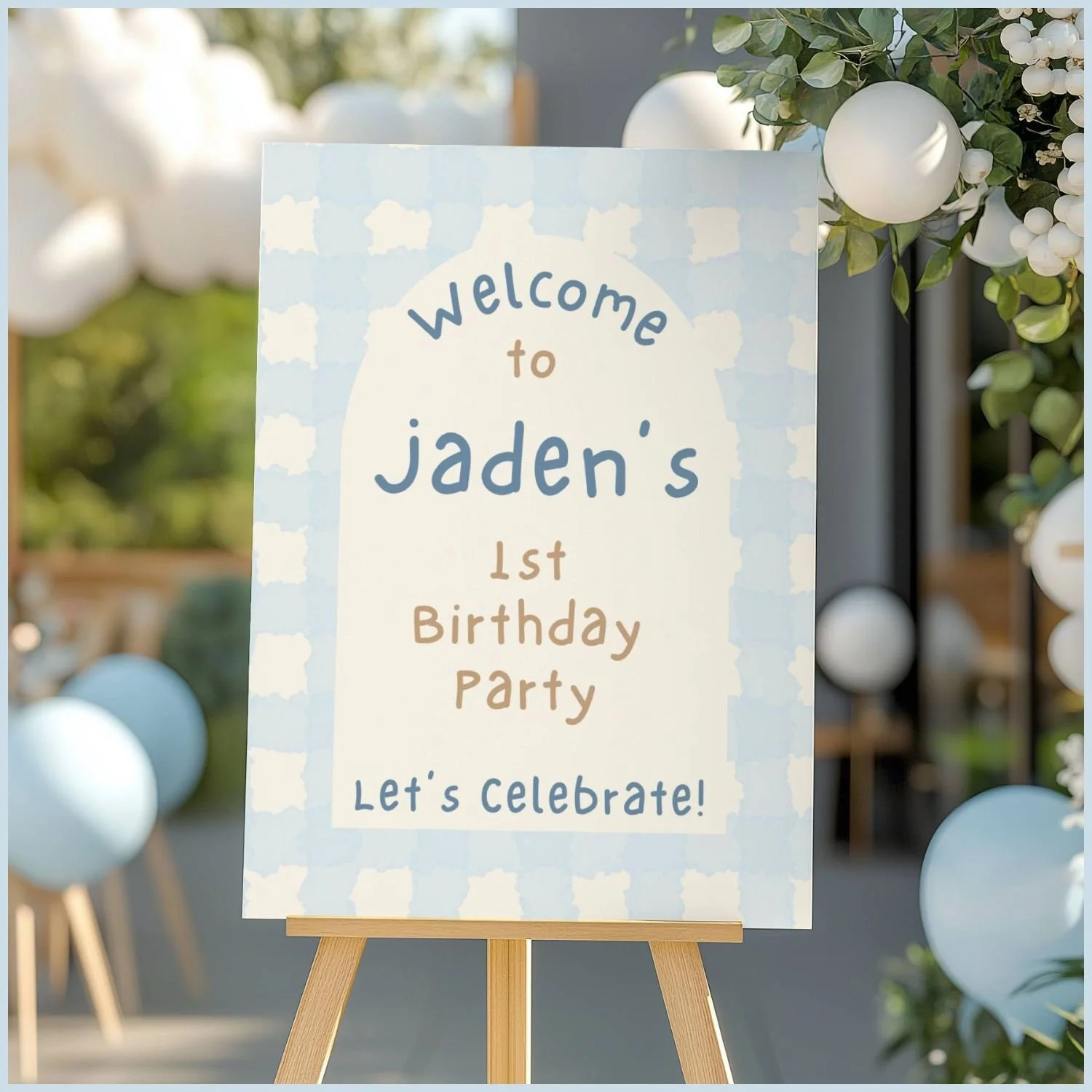 Boy Blue Gingham Happy Birthday Welcome Sign, Picnic Birthday Party Decorations, Blue Checkered Welcome Poster #24