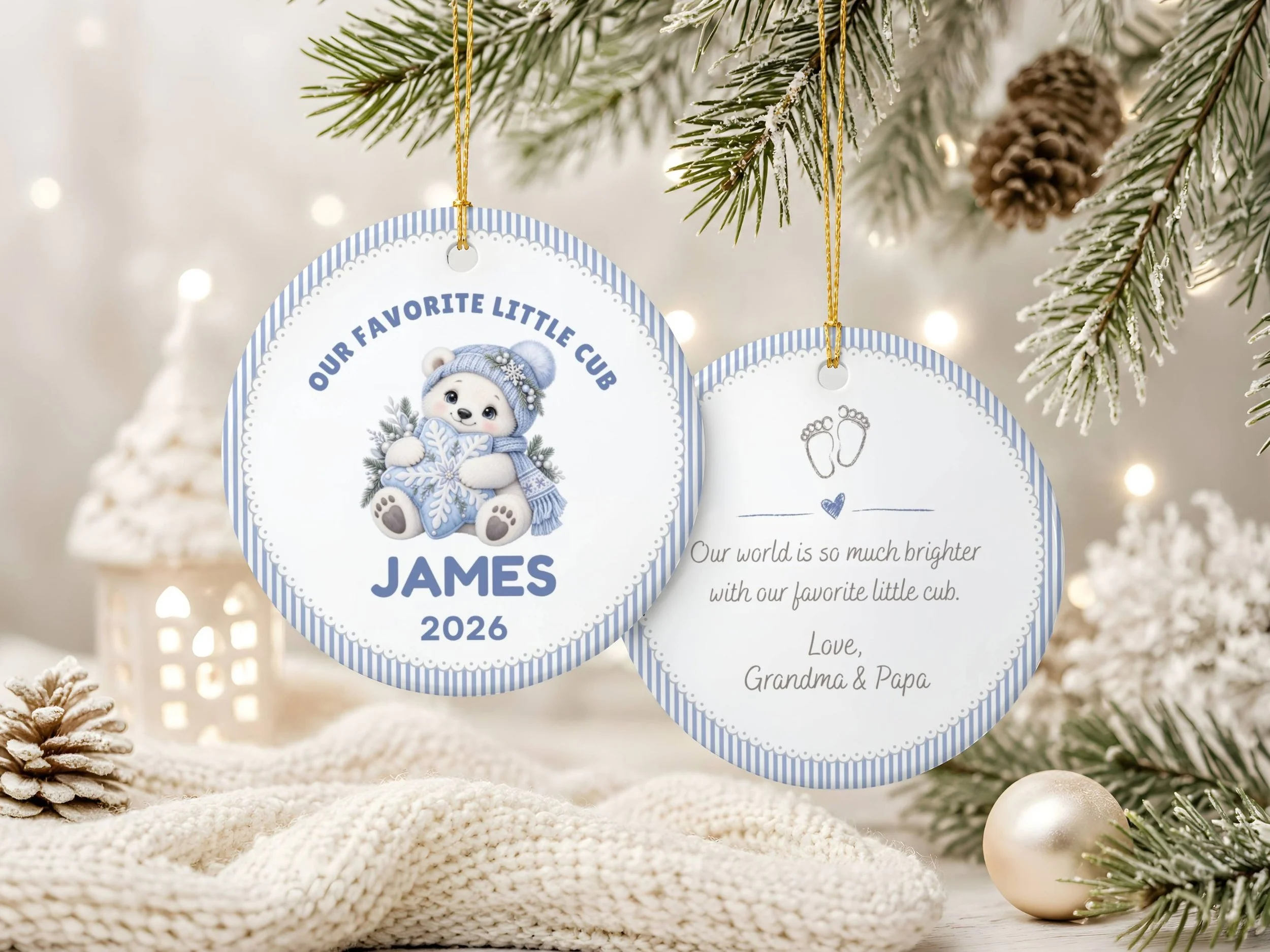 Personalized Teddy Bear Ceramic Christmas Ornament , "Our Favorite Little Cub" CK8
