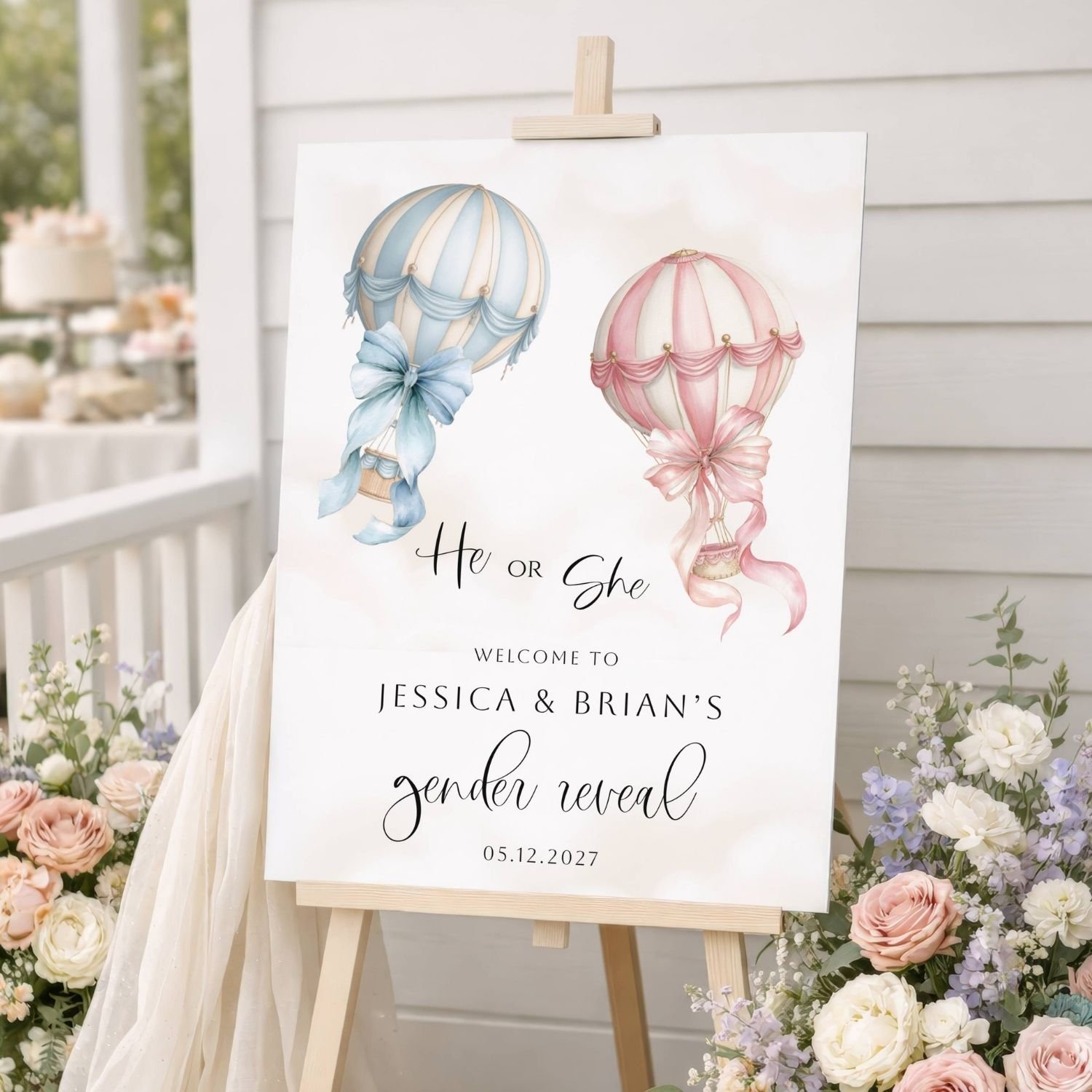 Pink and Blue Hot Air Balloon Gender Reveal Party Welcome Sign, Printed Canvas, Foam Board, Poster, Digital File #2
