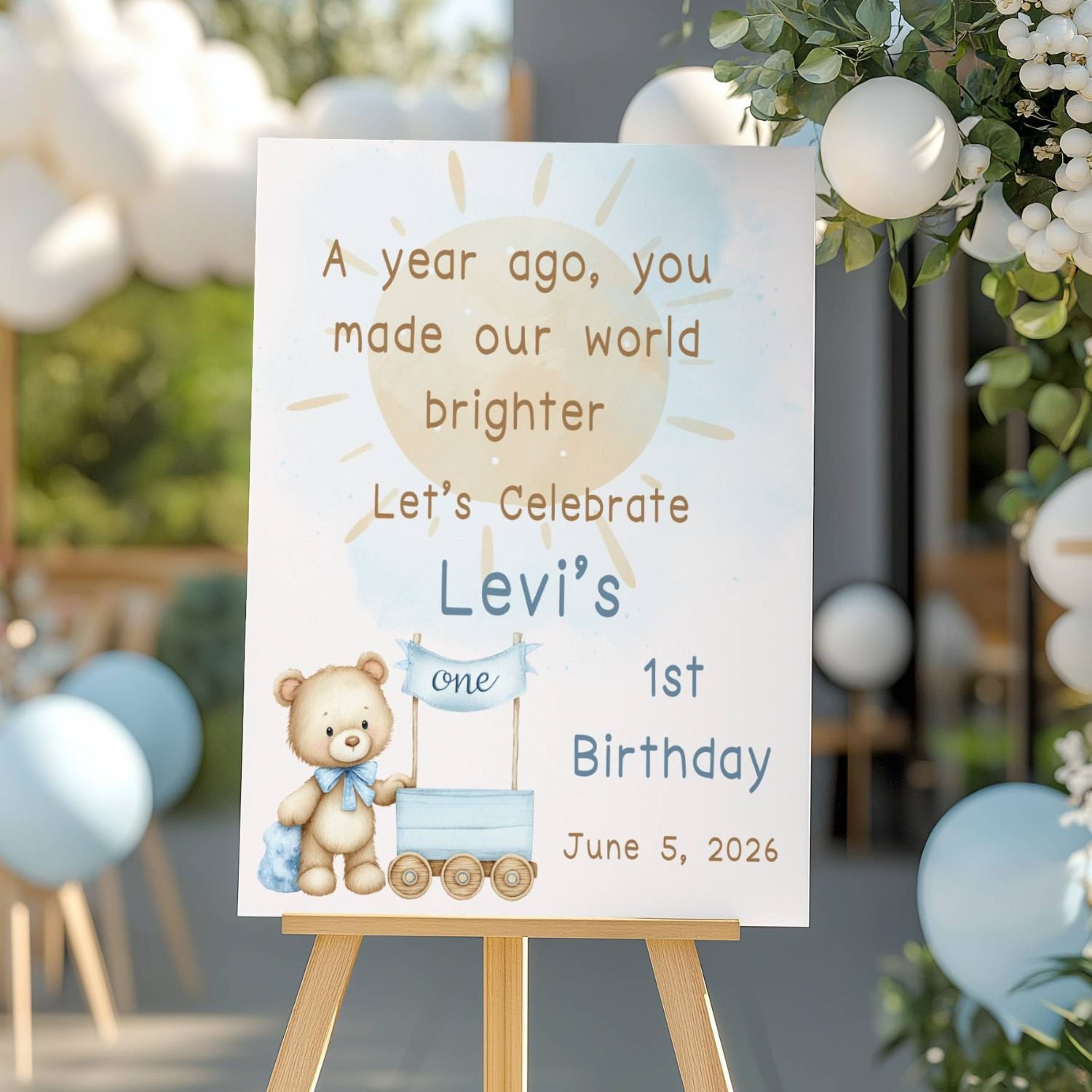 Sunshine & Teddy Bear 1st Birthday Welcome Sign , "You Made Our World Brighter" Boy First Birthday Board #26