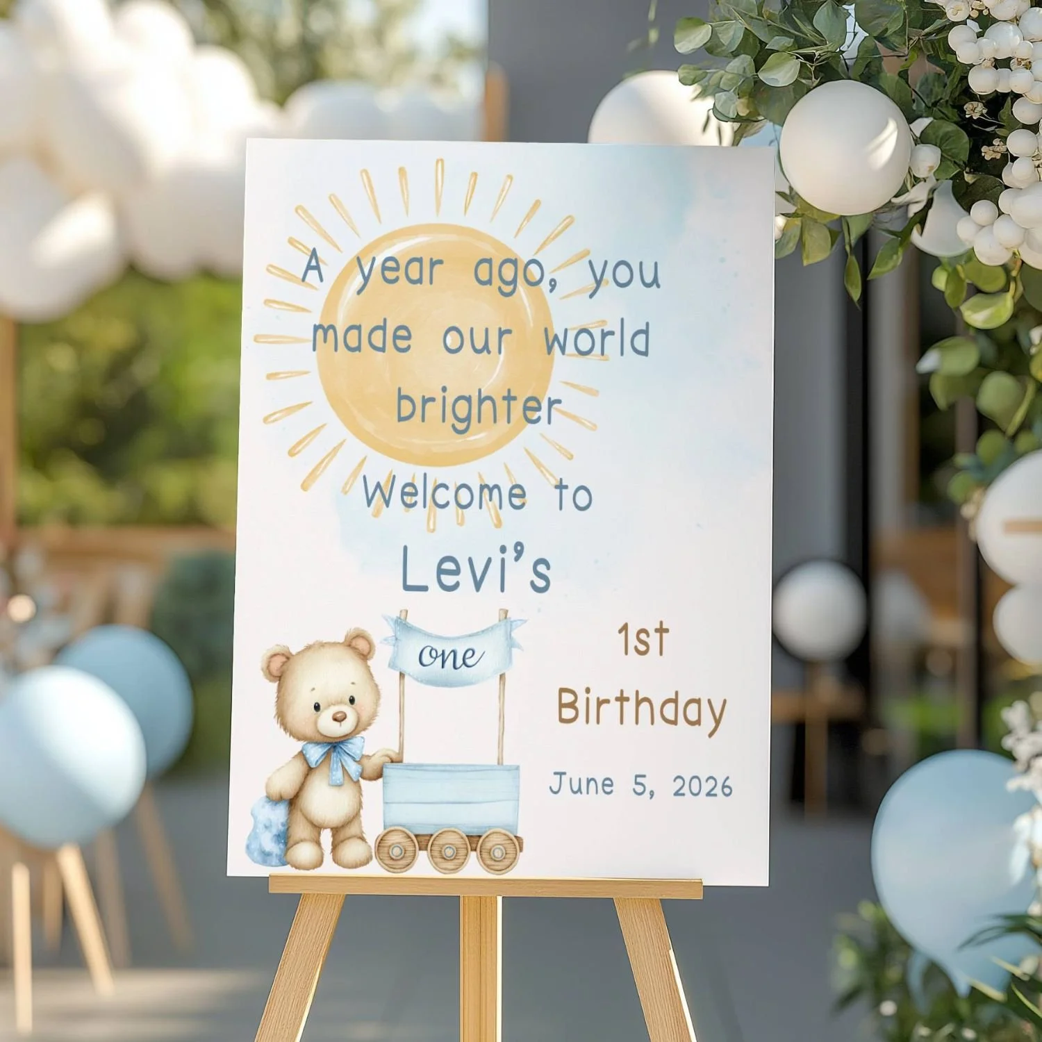 Sunshine & Teddy Bear 1st Birthday Welcome Sign , "You Made Our World Brighter" Boy First Birthday Board #41