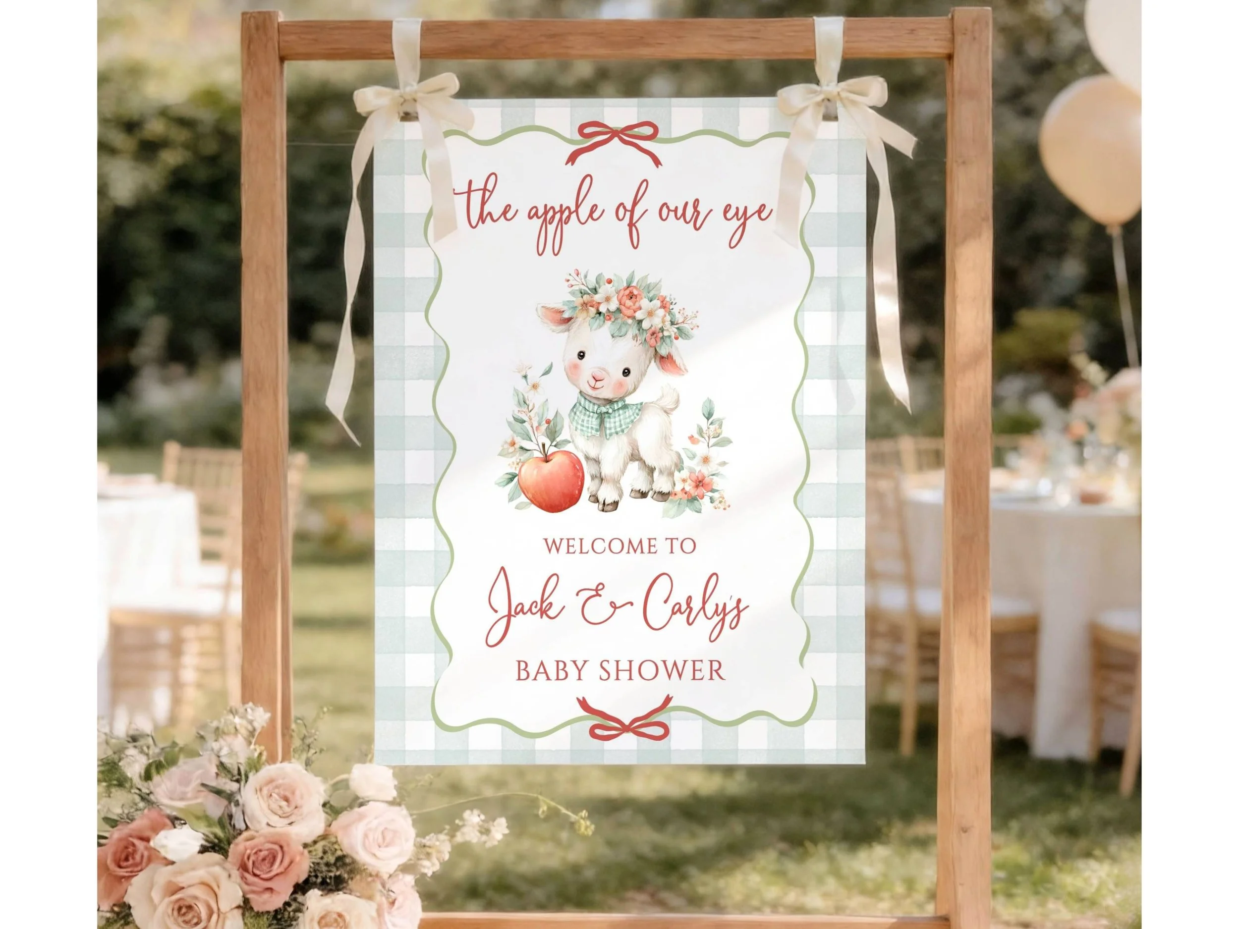 Coquette Lamb Fall Baby Shower Welcome Sign, Apple of Our Eye Green Gingham Poster F17
