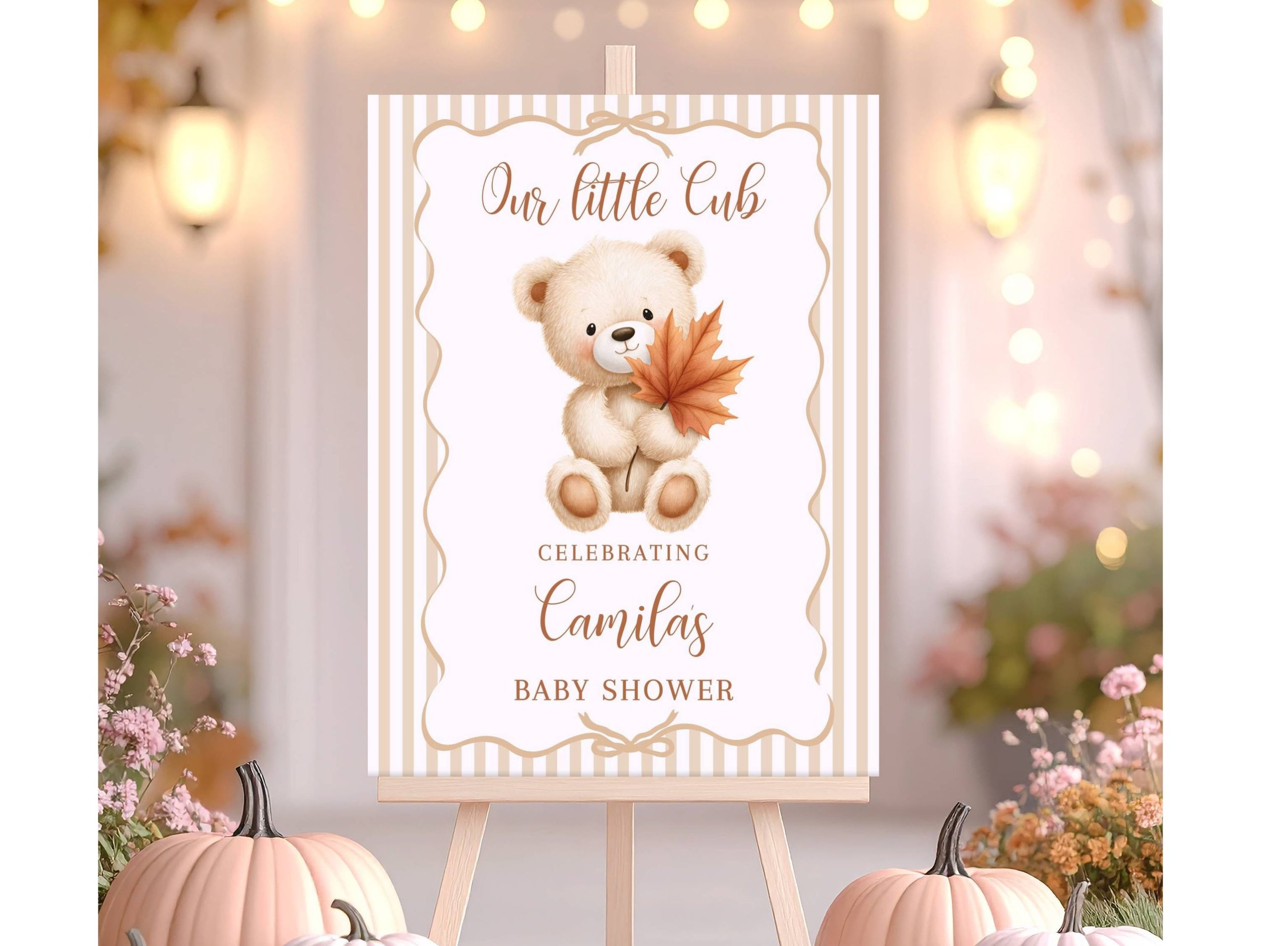 Custom Our Little Cub Fall Theme Baby Shower Welcome Sign, Beige Striped Poster-F34