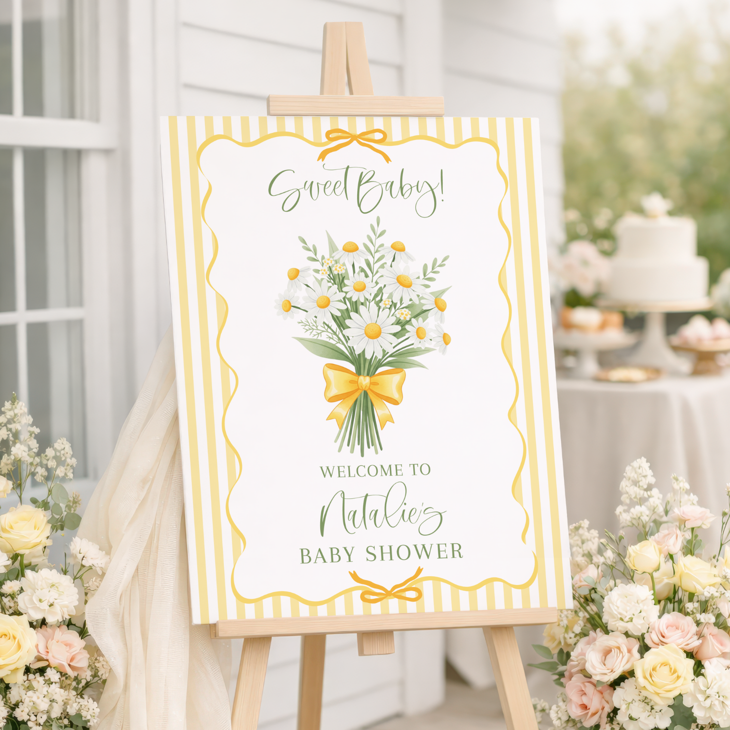 Sweet Baby Daisey's Yellow Striped Baby Shower Welcome Sign-#147