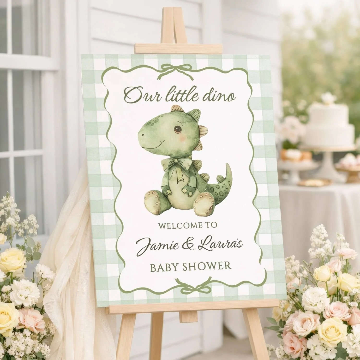 Our Little Dino Baby Shower Welcome Sign, Sage Green Gingham Dinosaur Welcome Poster #181