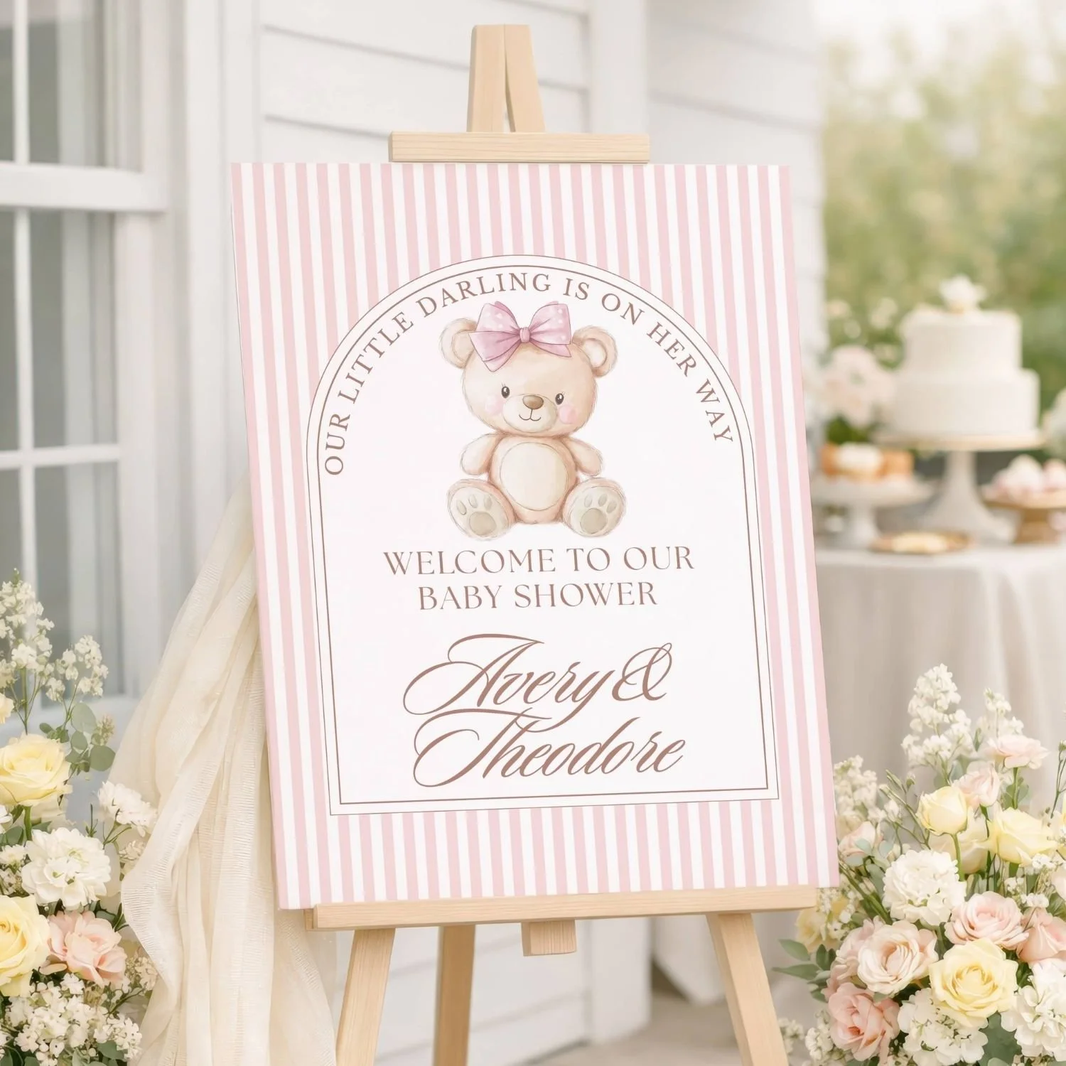 Little Darling Pink Teddy Bear Girl Baby Shower Welcome Sign-#86