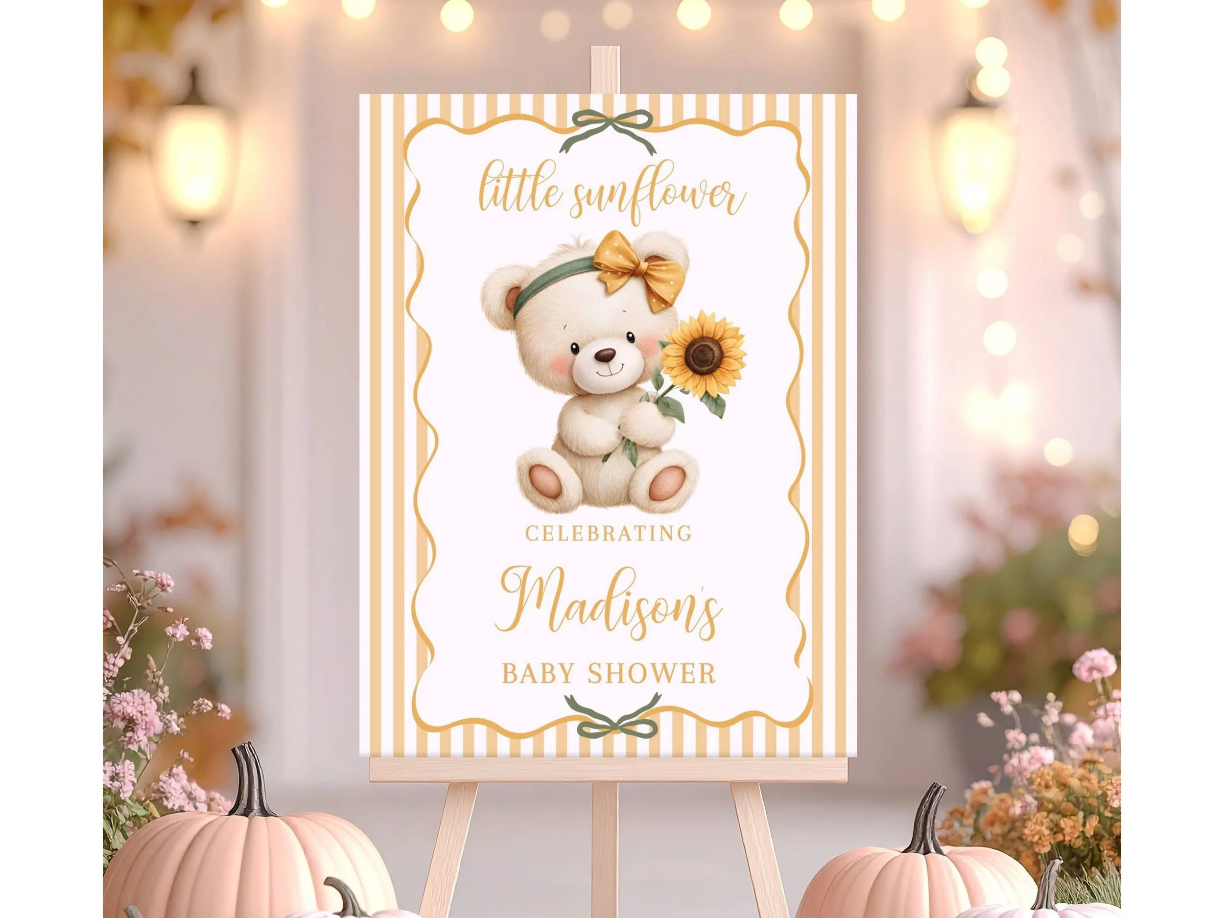Fall Sunflower Girl Bear Baby Shower Welcome Sign,  Yellow Stripes F15
