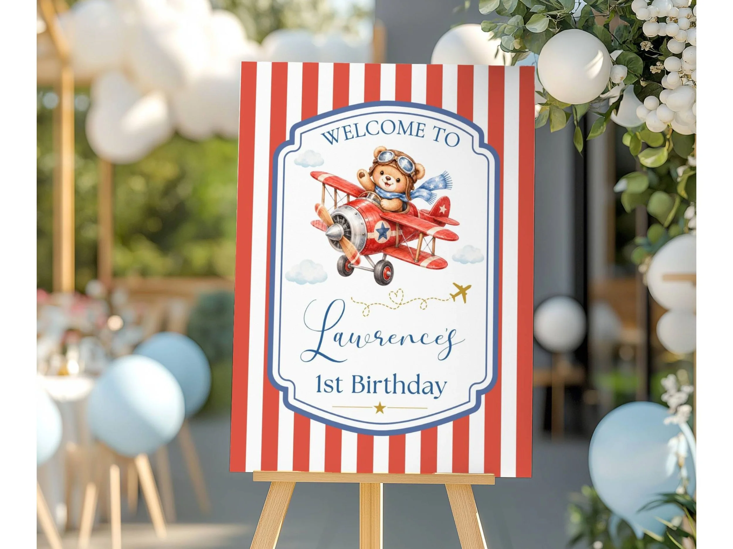 Teddy Bear Aviator Pilot Birthday Welcome Sign,  Red White Stripes Airplane Party Decor 44