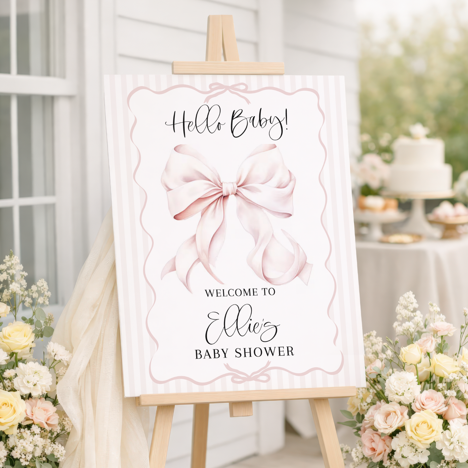 Blush Pink Coquette Bow Striped Baby Shower Welcome Sign #160
