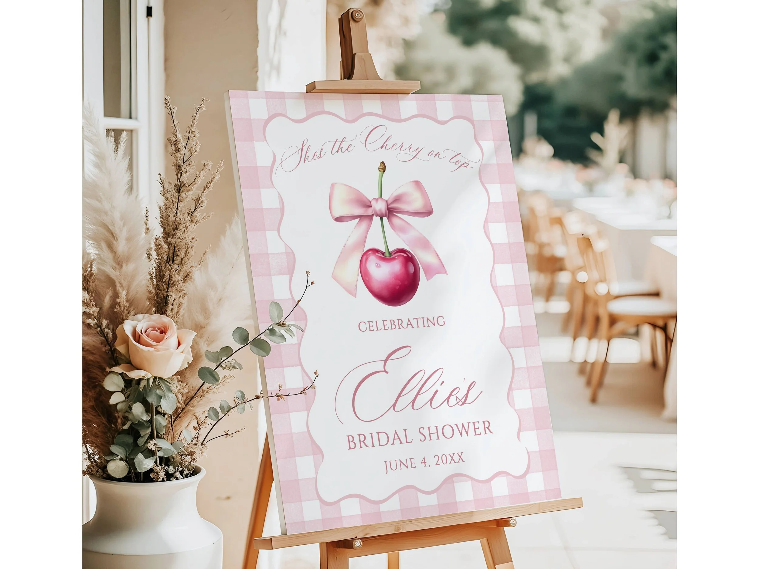 "She's the Cherry on Top!" Pink Gingham Bridal Shower Welcome Sign #53