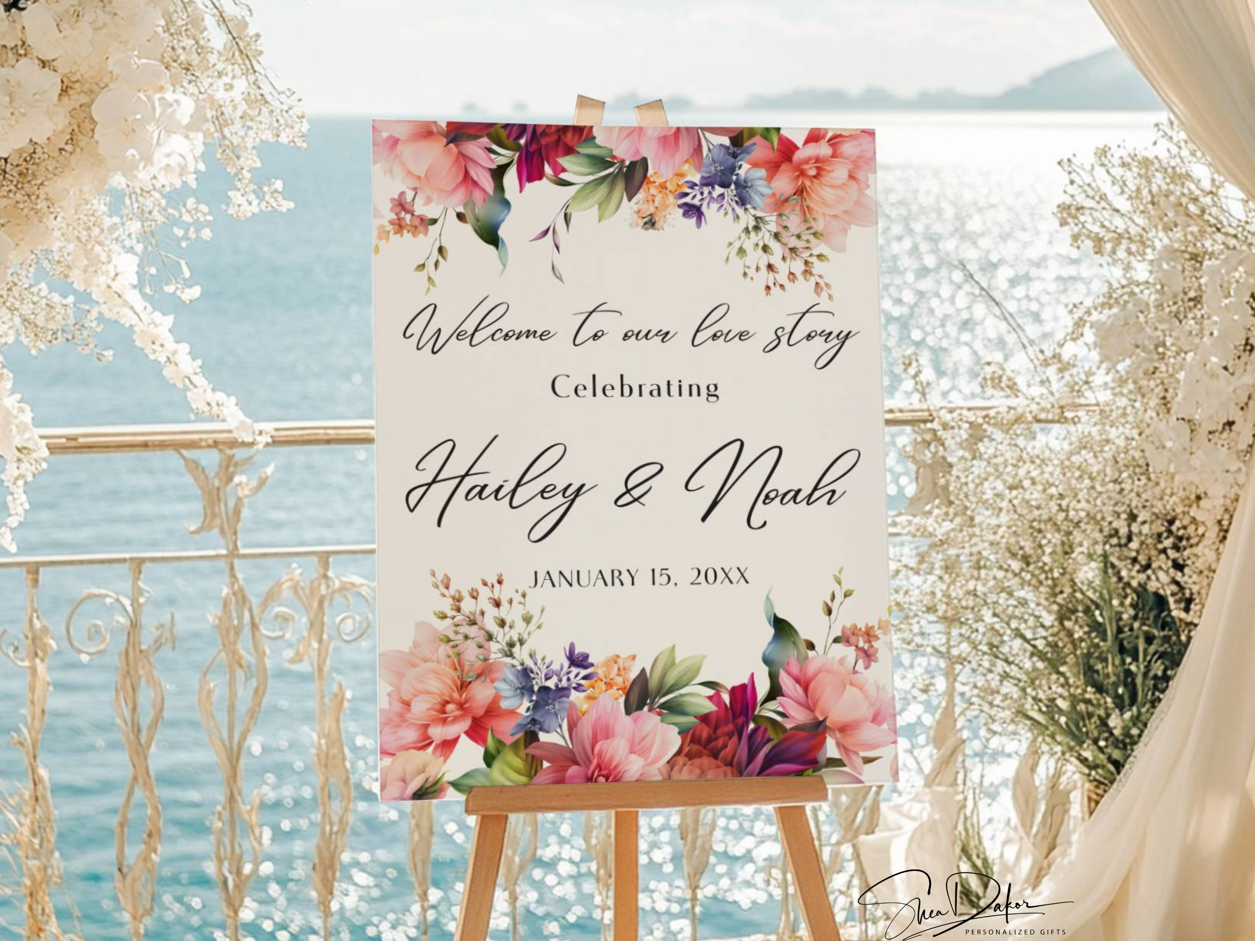 Pink Floral Love Story Wedding Welcome Sign, Printed Canvas, Poster, Foam Board #CV23