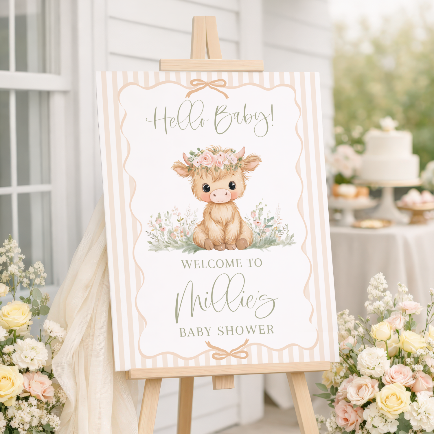 Baby Highland Cow Cream Striped Girl Baby Shower Welcome Sign-#167