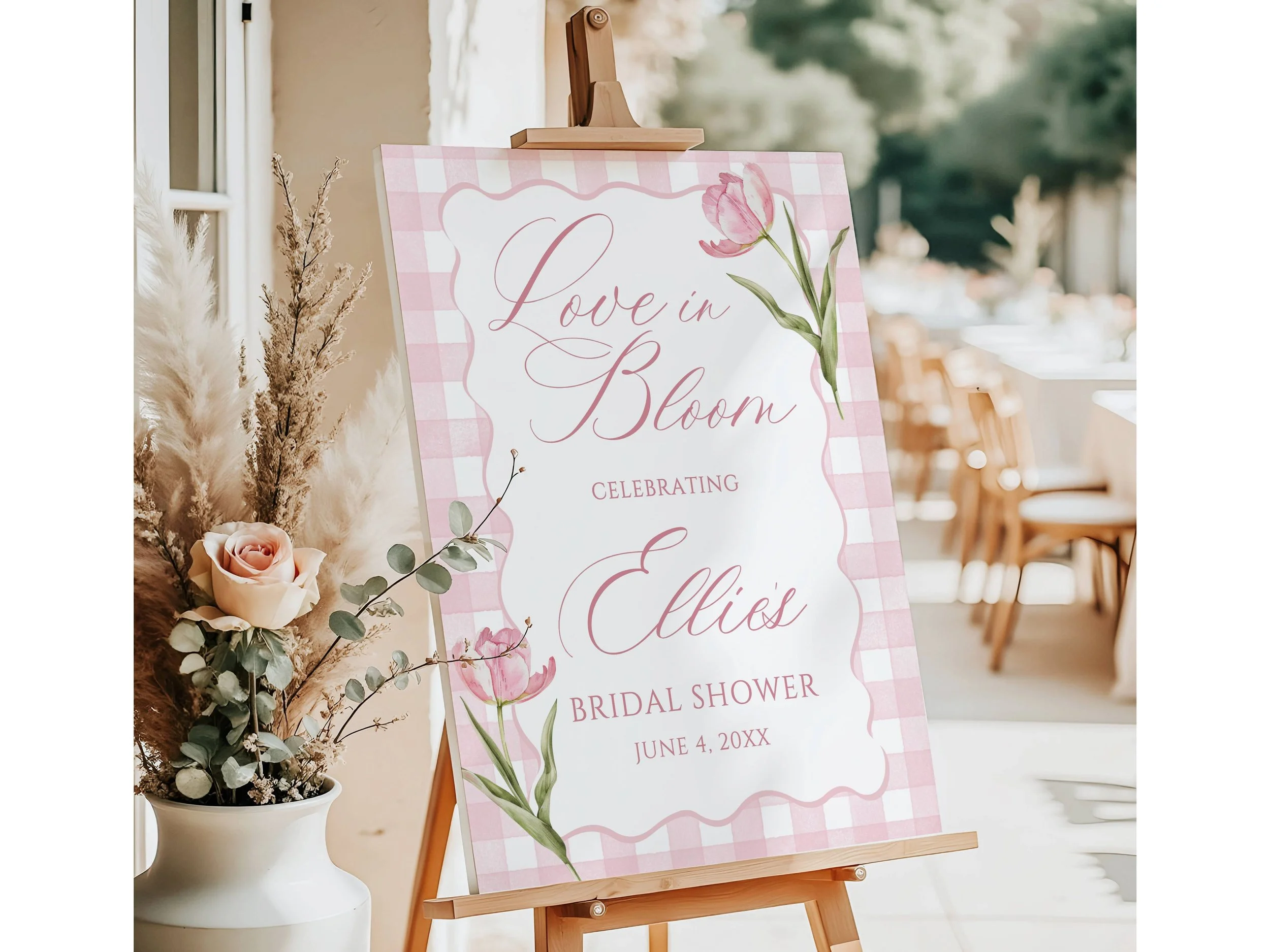 Pink Gingham Bridal Shower Welcome Sign, Pink Tulips Love in Bloom Poster #52