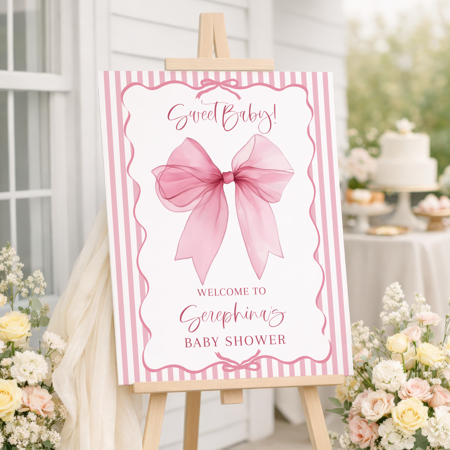 Sweet Baby Pink Bow Baby Shower Welcome Sign-#138