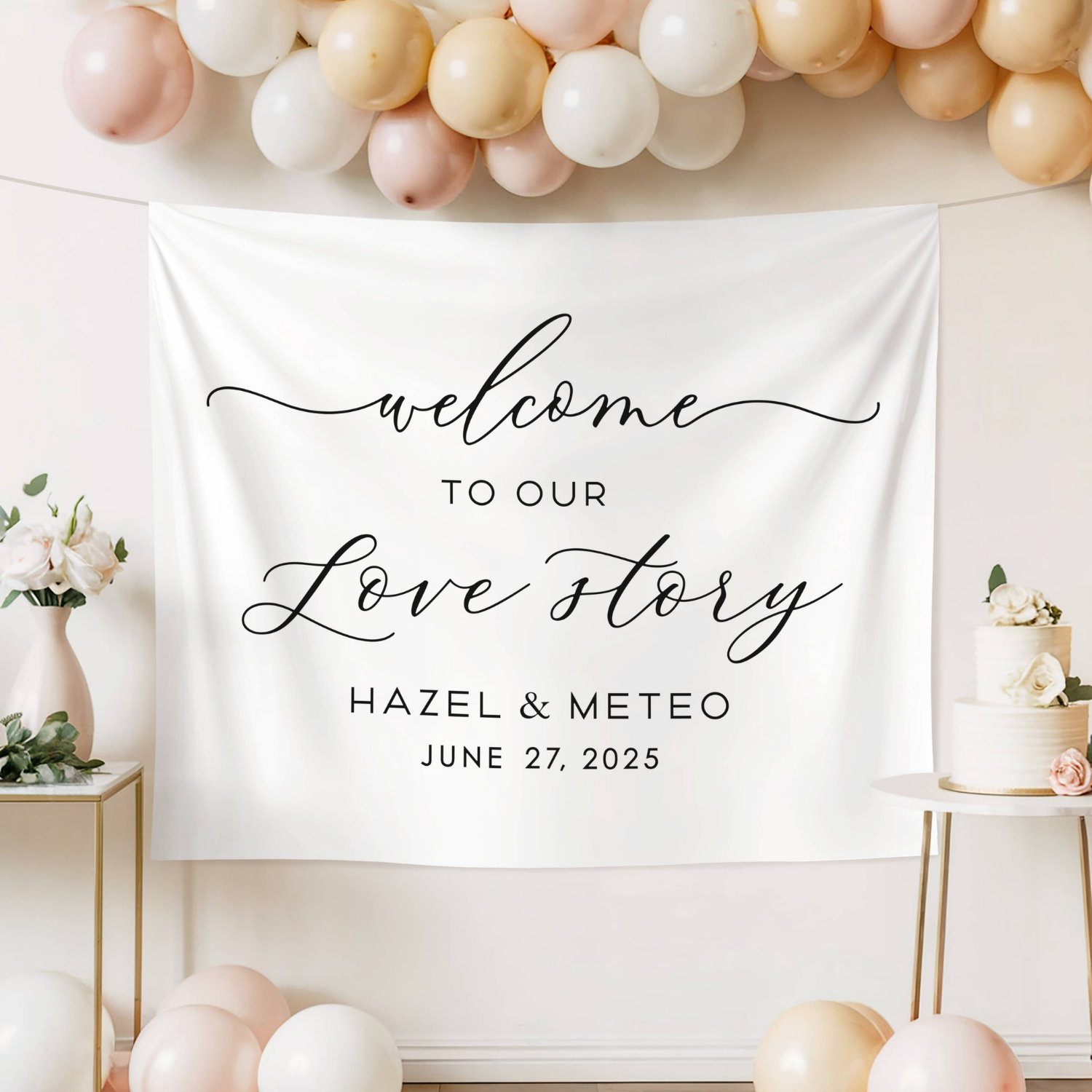 Elegant Welcome to Our Love Story Wedding Sign Tapestry, Personalized Ceremony Backdrop #38