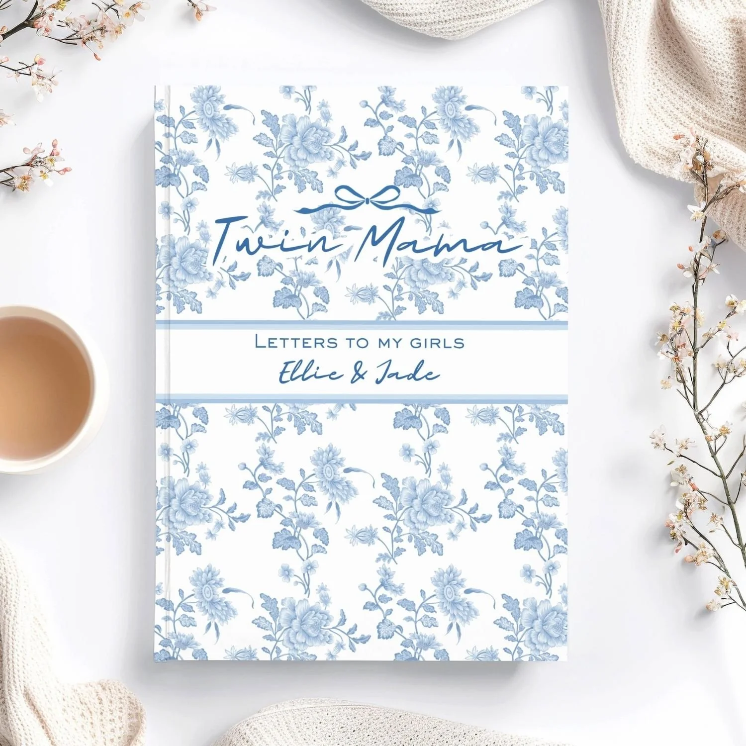 Personalized  Blue Chinoiserie  Twin Mama Journal, Letters to My Girls Keepsake Diary, New Mom Gift J2