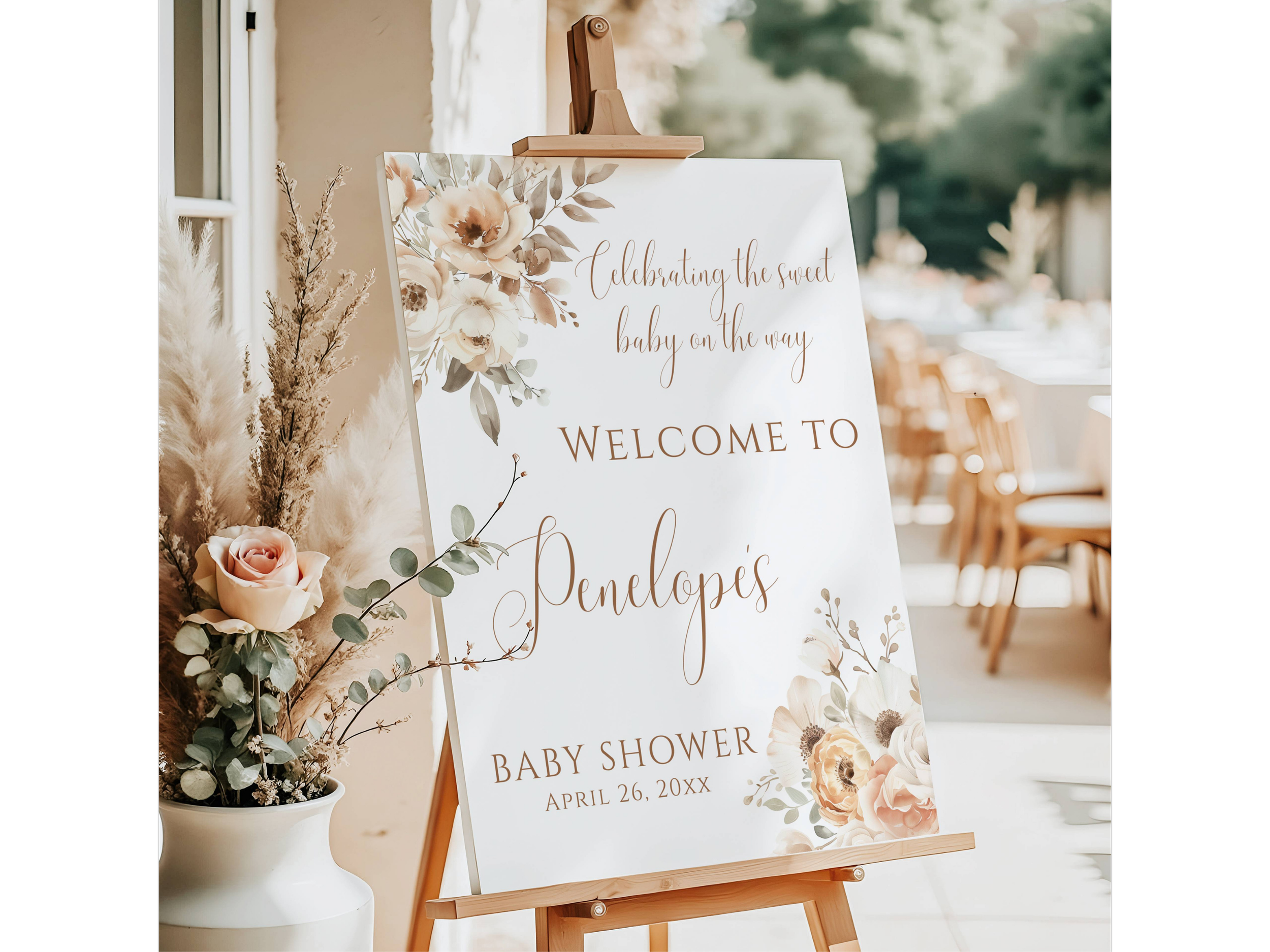 Beige Floral Neutral Baby Shower Welcome Sign-#31