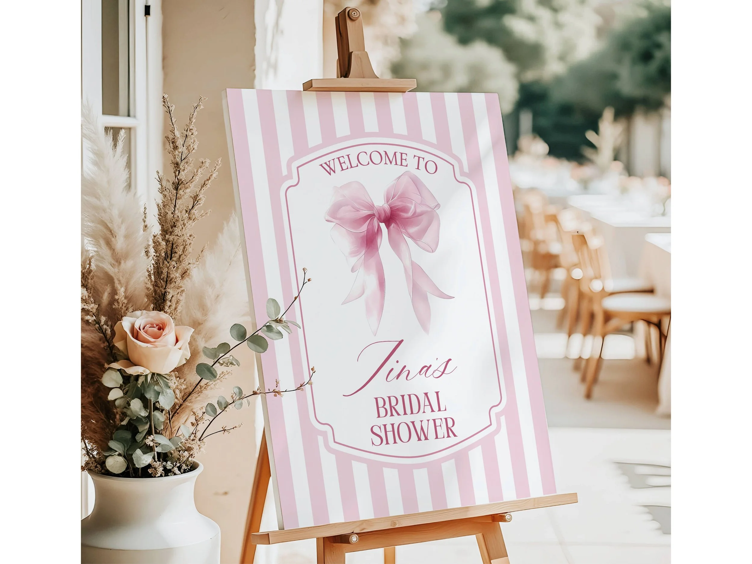Pink Coquette Bow Bridal Shower Welcome Sign, Preppy Pink Striped Ribbon #55