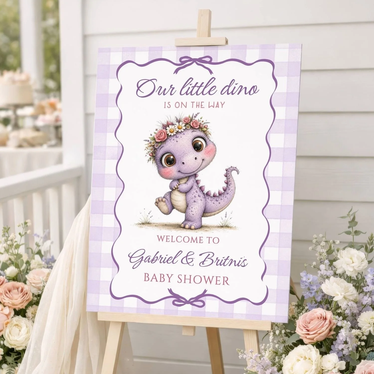 Girl Dinosaur Baby Shower Welcome Sign, Purple Floral Dino Crown Printable Poster #178