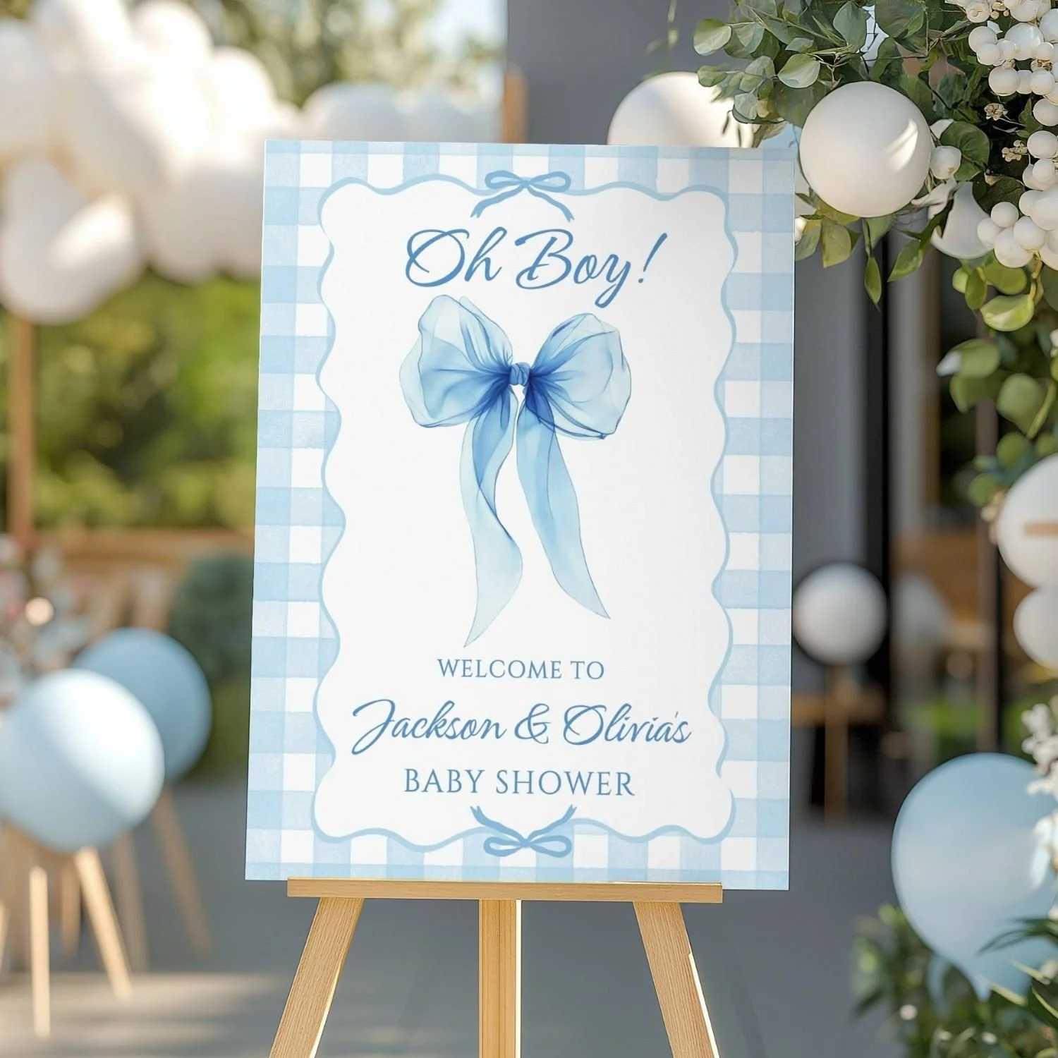 Oh Boy! Blue Coquette Bow Baby Shower Welcome Sign with Gingham Border #186