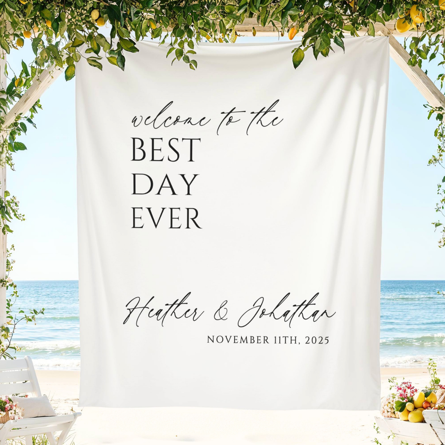 Modern Best Day Ever Wedding Welcome Banner, Minimalist Cloth Sign #11
