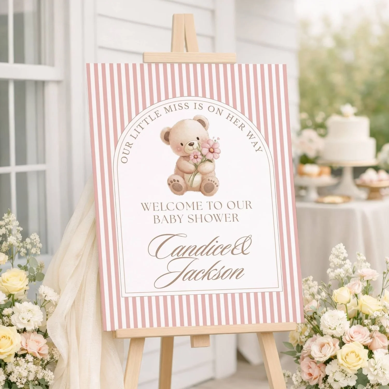 Little Miss Pink Teddy Bear Girl Baby Shower Welcome Sign-#84