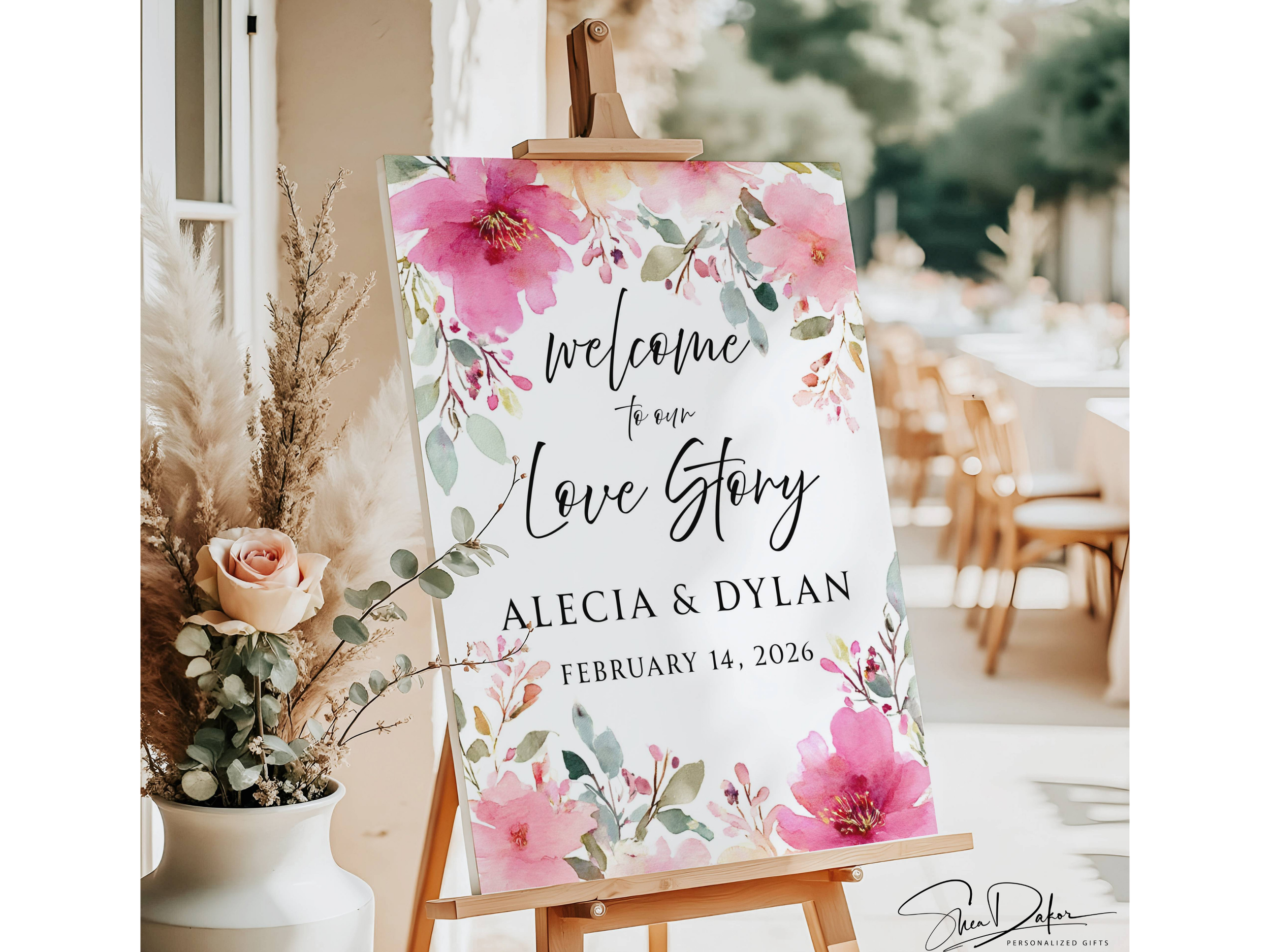 Pink Floral Welcome to Our Love Story Wedding Sign, Custom Foam Board #CV17