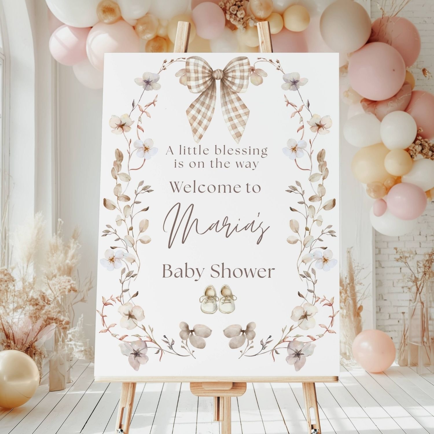 Beige Neutral Baby Shower Welcome Sign-A Little Blessing-#12 Bow
