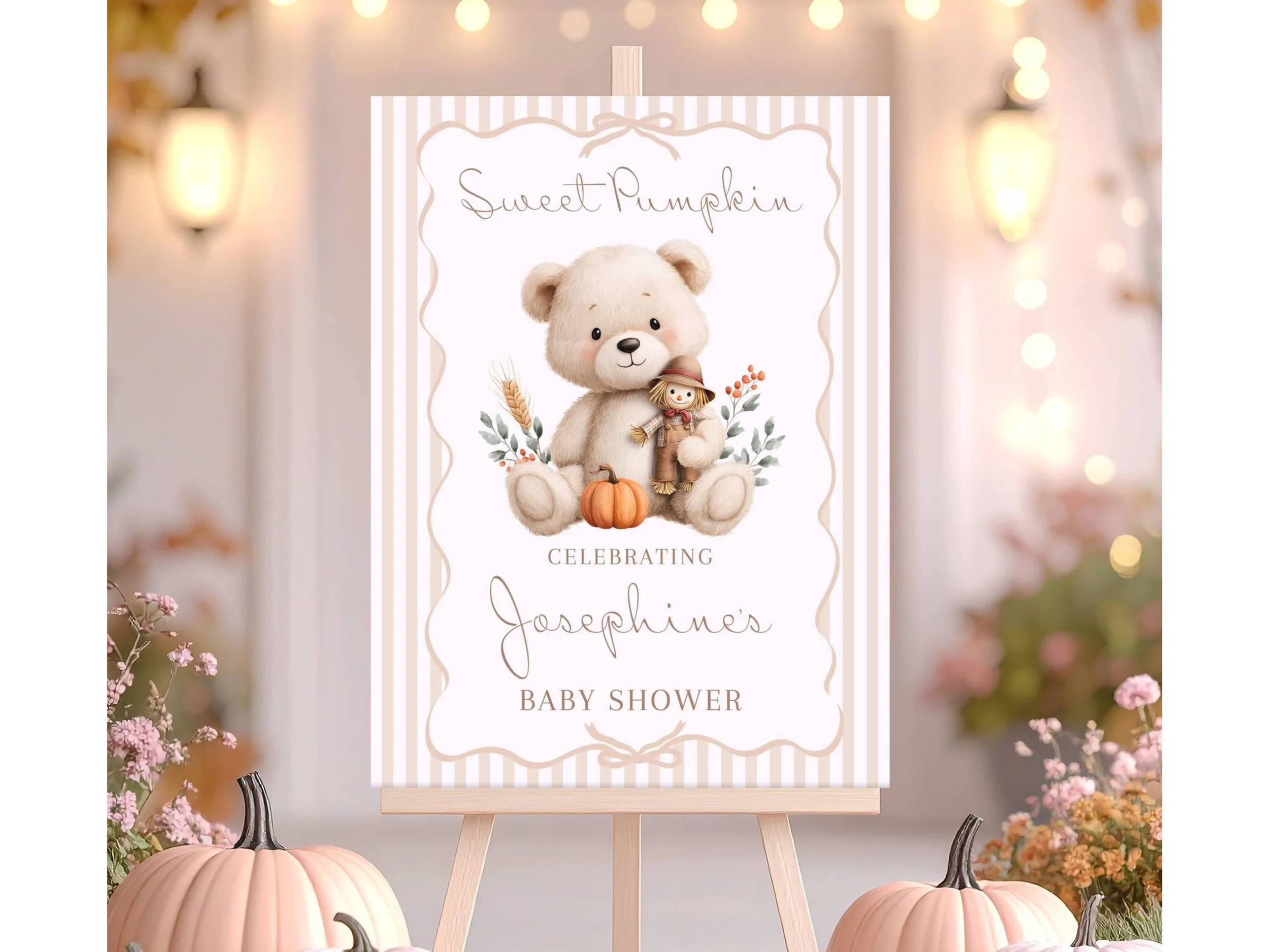 Sweet Pumpkin Teddy Bear Baby Shower Welcome Sign, Fall Scarecrow Autumn Poster #F28