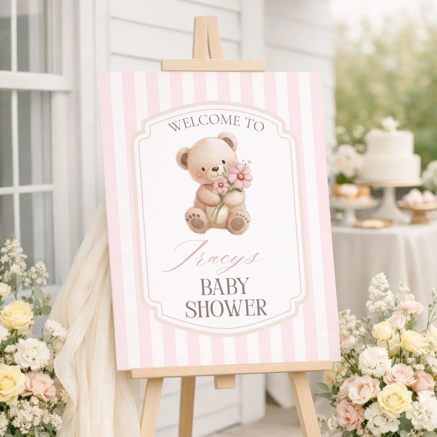 Blush Pink Teddy Bear Girl Baby Shower Welcome Sign-#109