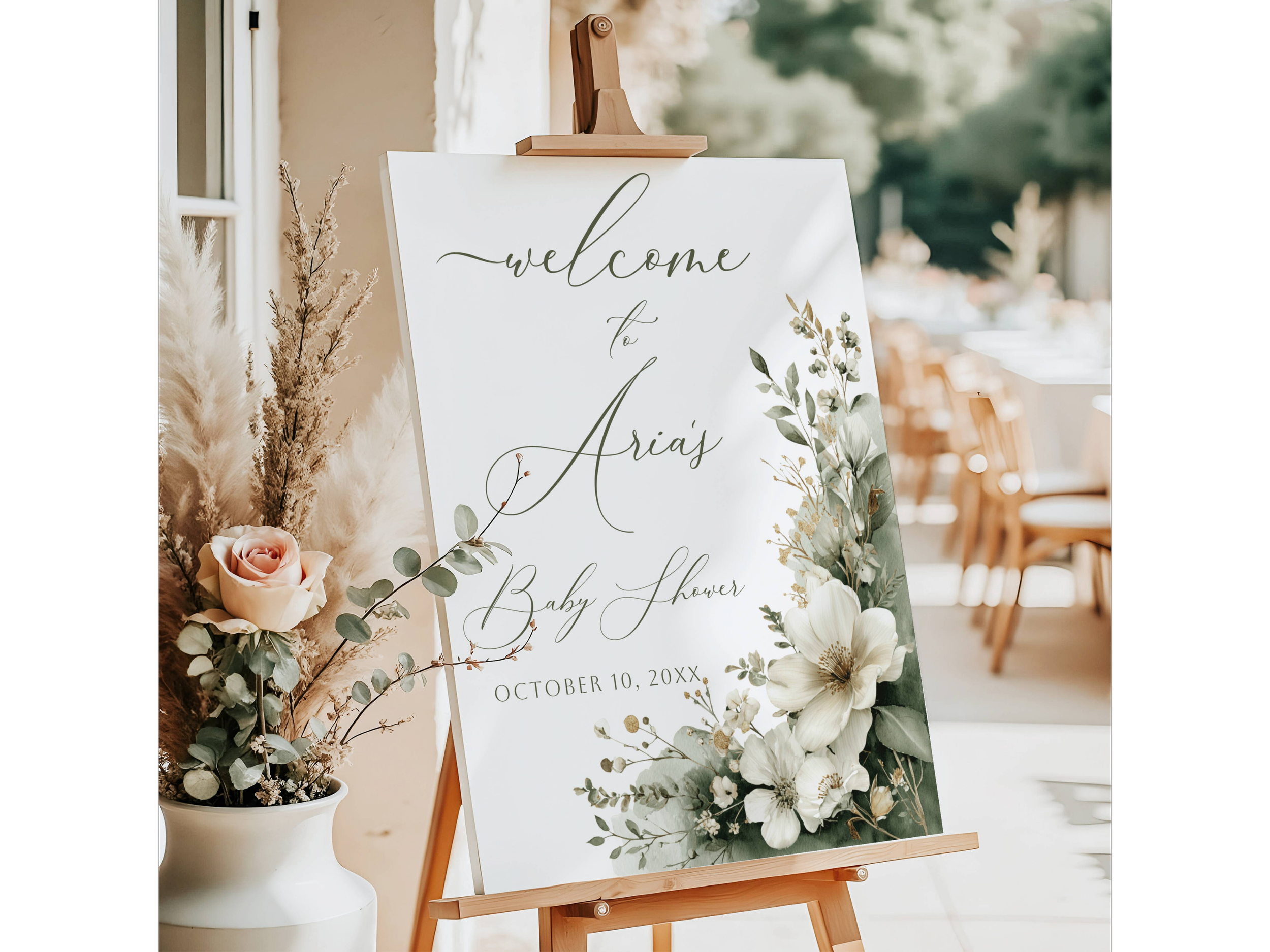 White and Green Flower Baby Shower Welcome Sign #21