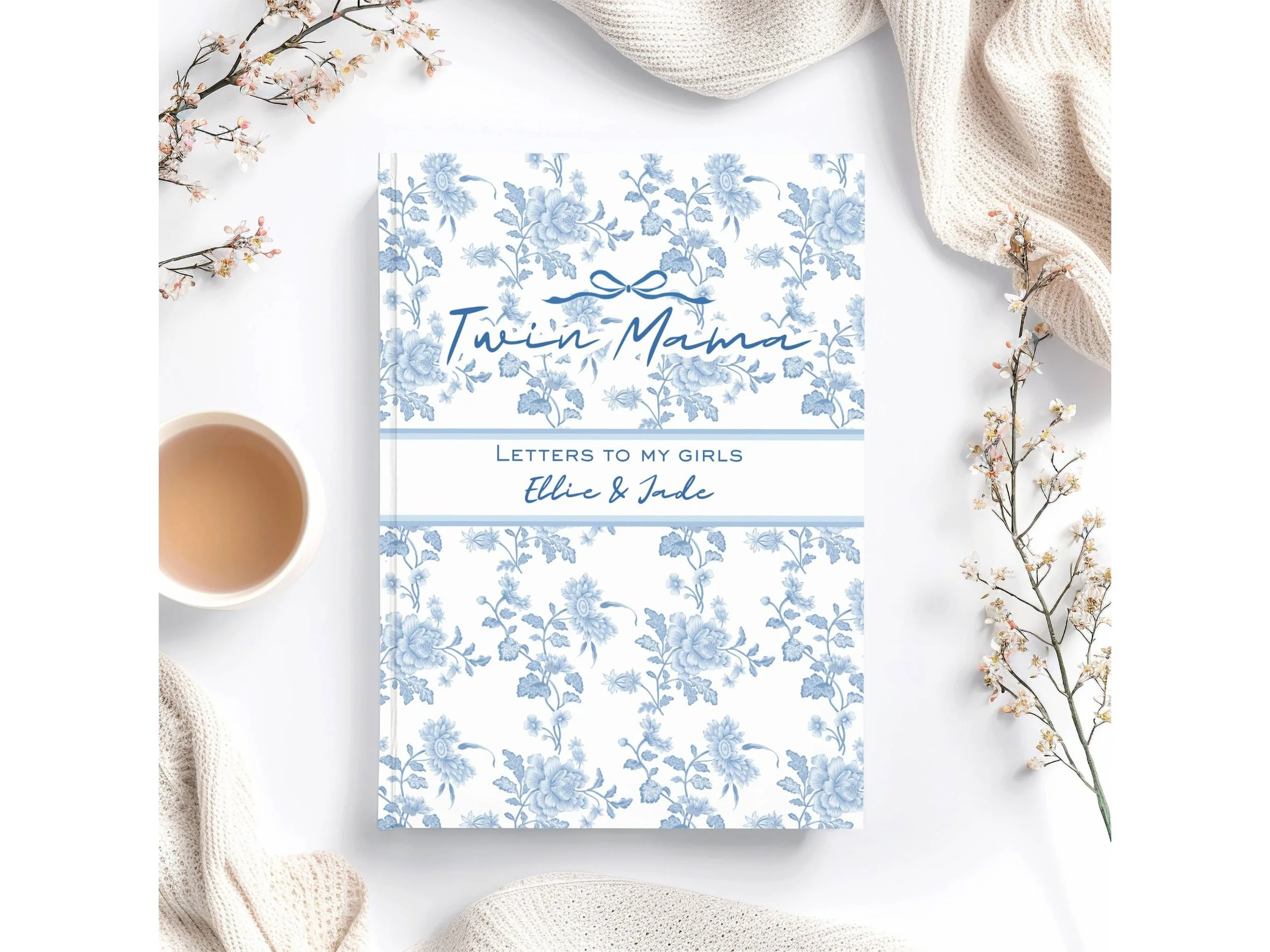 Personalized  Blue Chinoiserie  Twin Mama Journal, Letters to My Girls Keepsake Diary, New Mom Gift J2