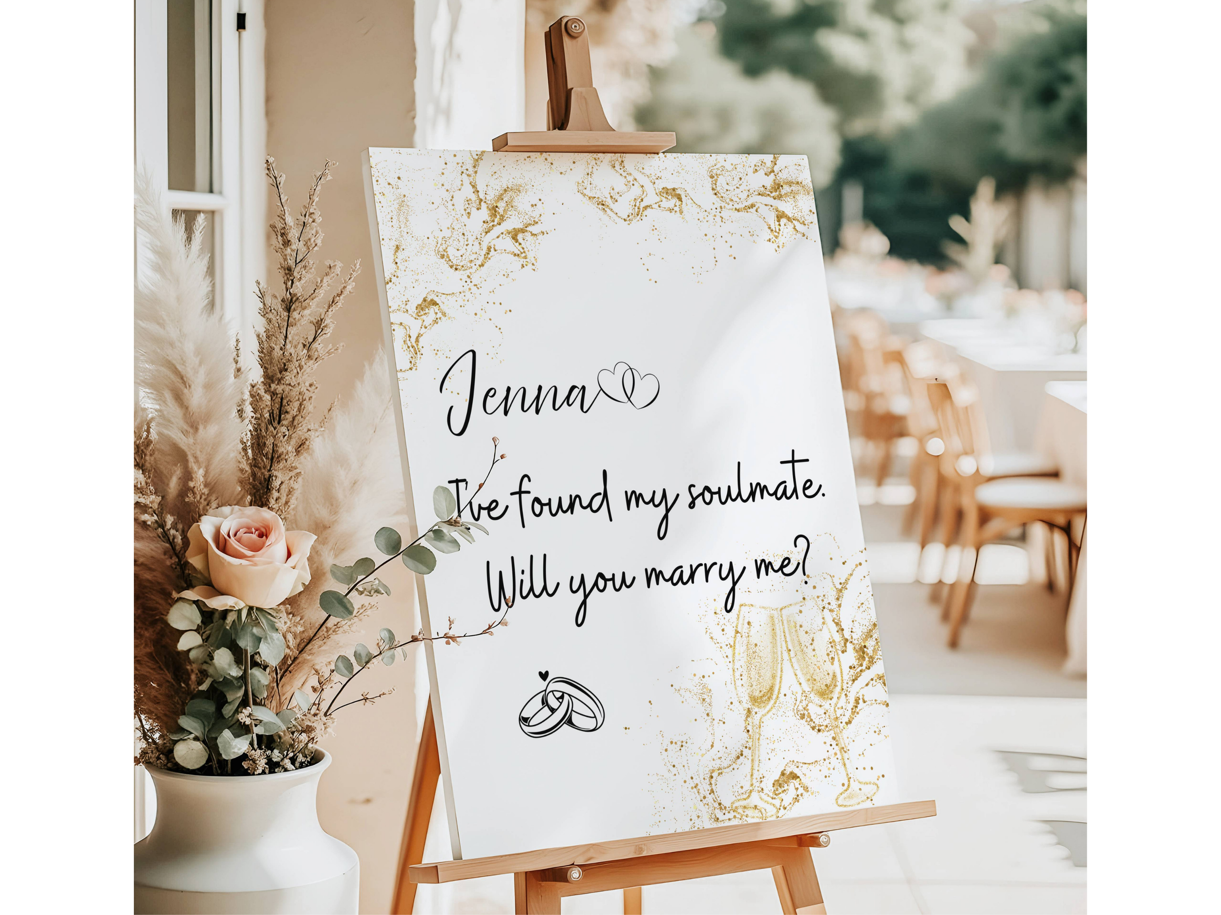 Will You Marry Me? Marriage Proposal Sign Gold Champagne Flutes & Rings #2