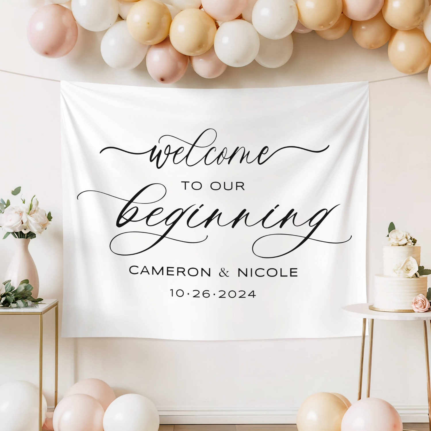 Personalized Welcome to Our Beginning Wedding Sign Tapestry, Fabric Banner #39