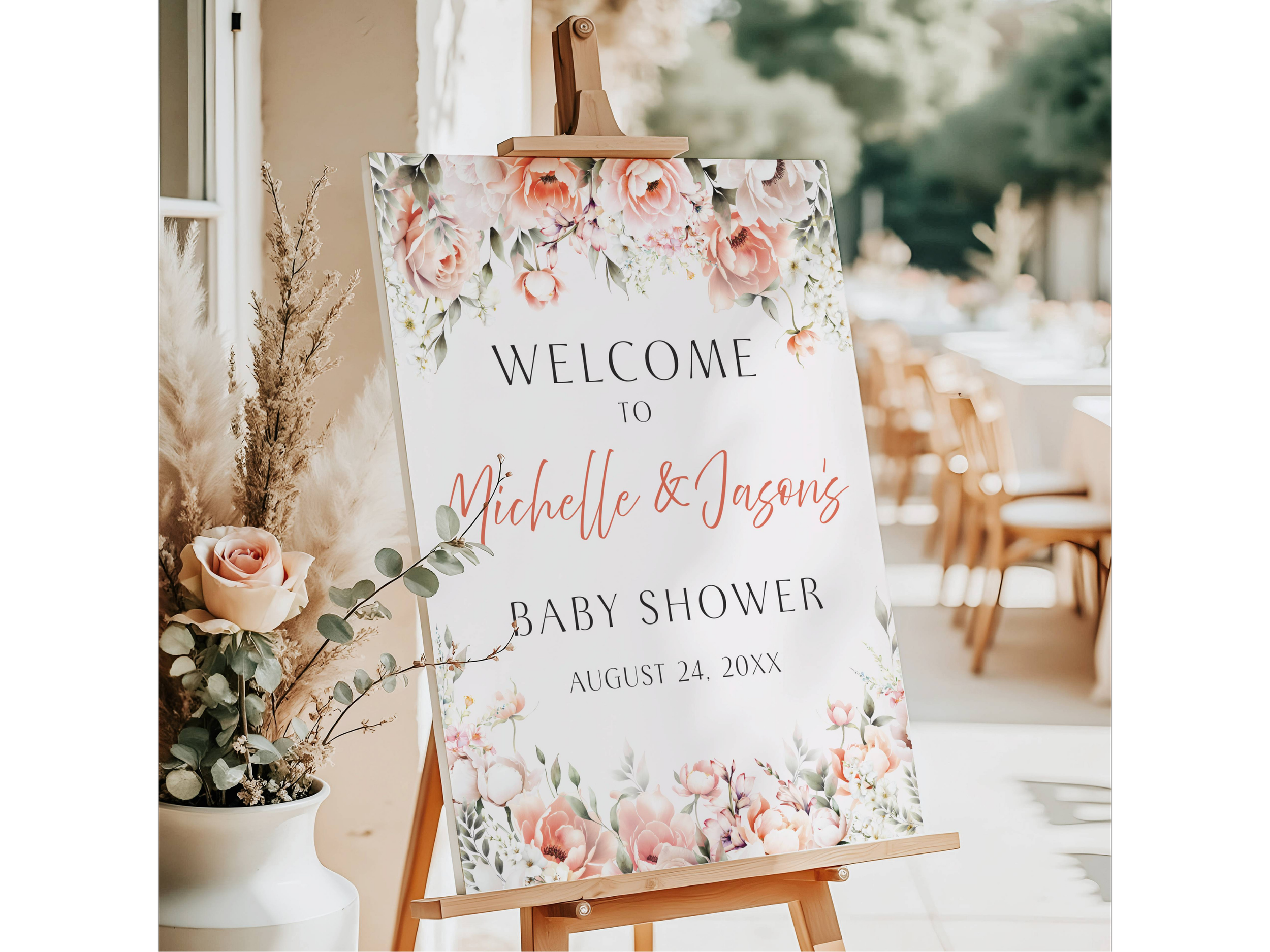 Peach Floral Couples Baby Shower Welcome Sign #15