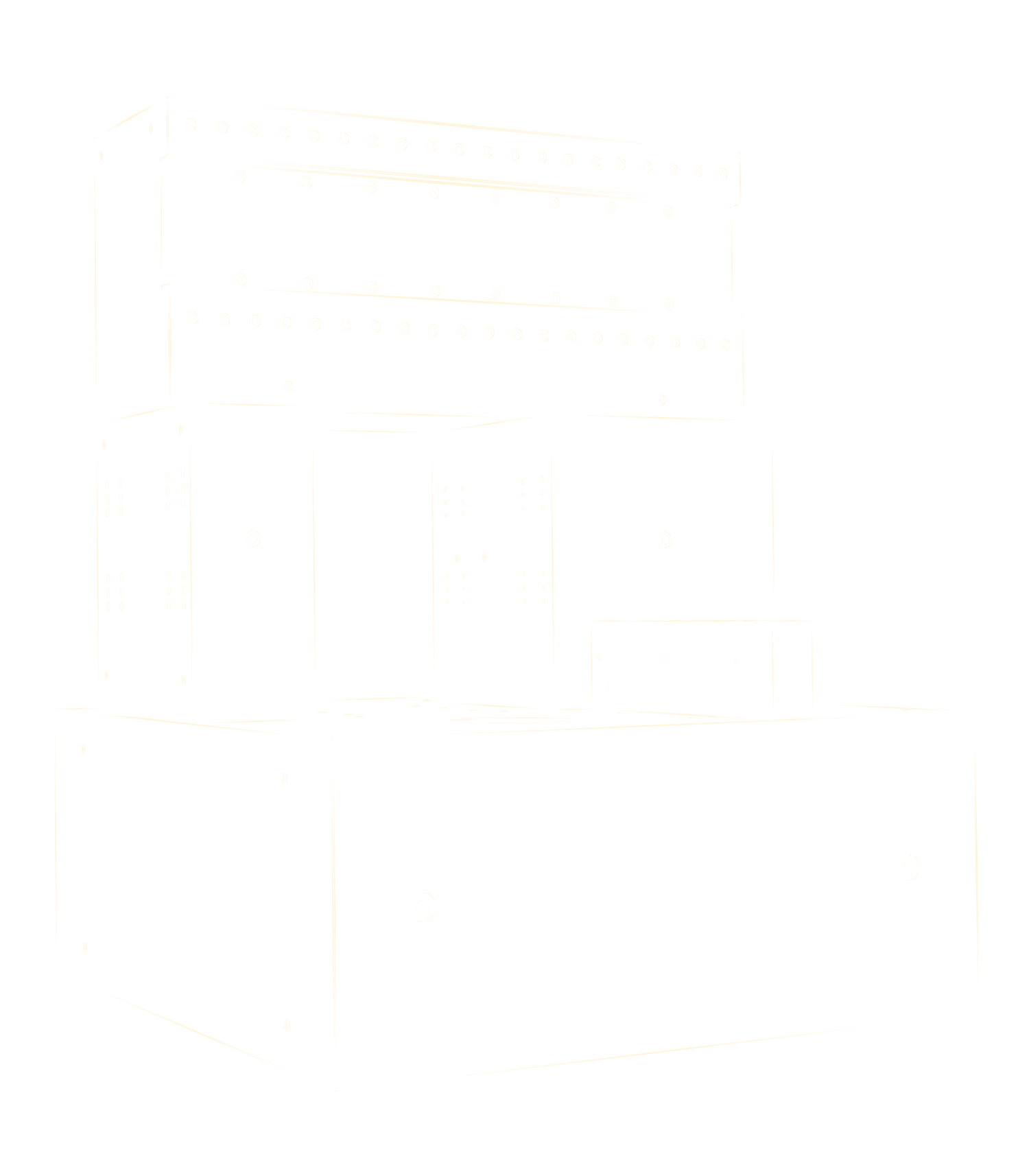 Schéma technique d'une armoire ou d'un meuble avec plusieurs compartiments et rangements, dessiné en style simplifié avec des lignes blanches sur fond noir.
