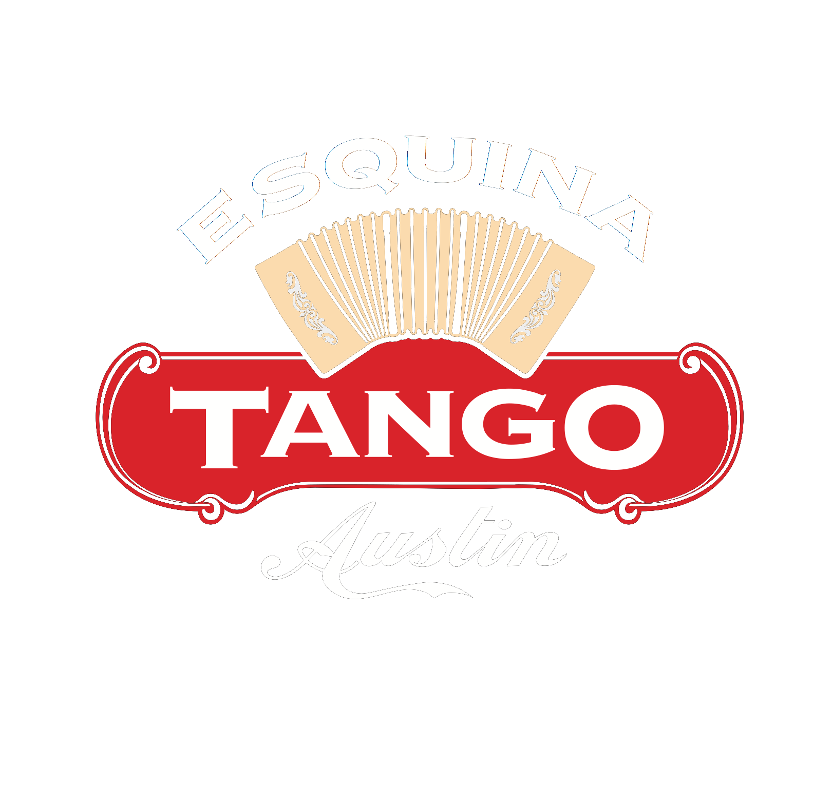 Logo for ESQUINA TANGO in Austin, featuring a fan graphic, bold white and red text, with decorative elements on a black background.