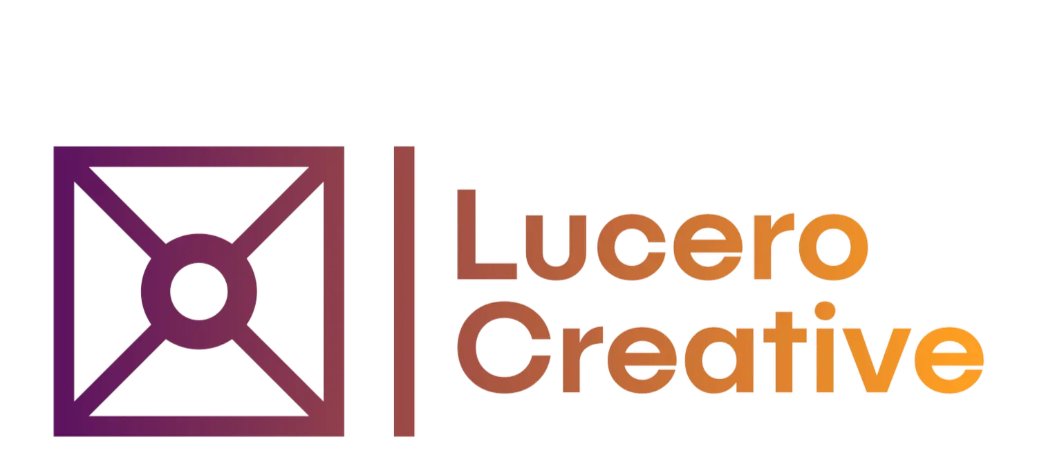 Logo with a purple geometric icon resembling a square with an X inside, next to the words "Lucero Creative" in orange text.