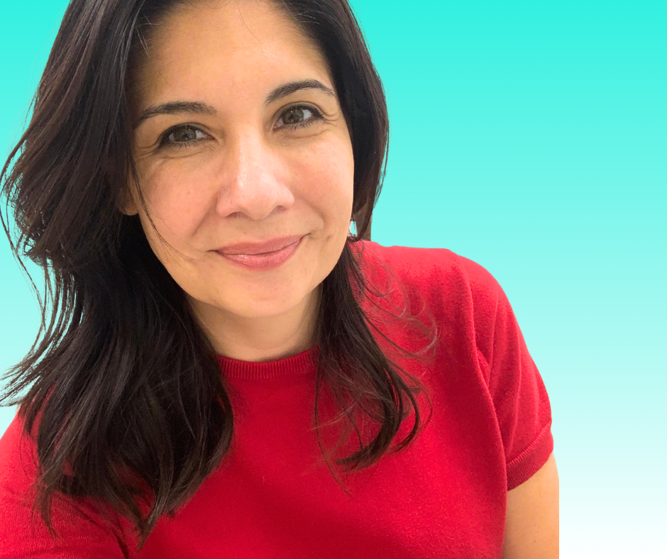 A woman with dark brown hair, smiling, wearing a red shirt, against a turquoise background.